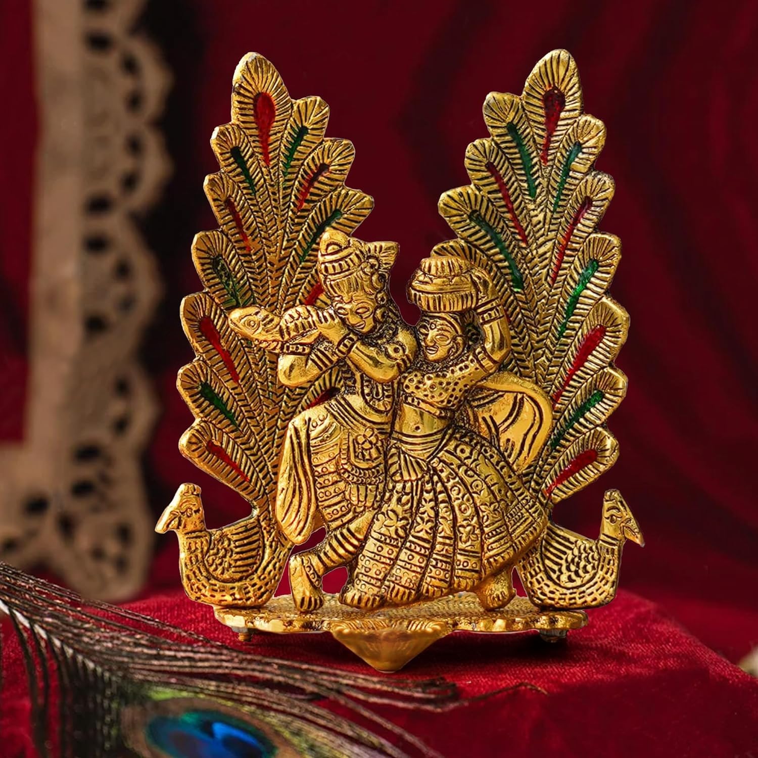 TIED RIBBONS Radha Krishna Idol with Mutki Diyas and Pebbles Hindu God Statue Religious Gift Items for Home Décor Pooja Mandir Small Festive, Diwali Decorations for House