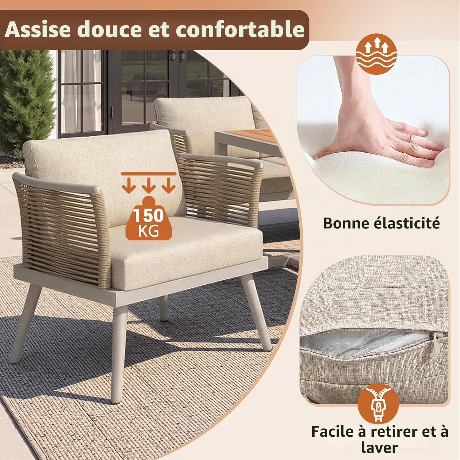 Ensemble Salon de Jardin Modulable 7 Places en Forme de L, Canapé d'Angle avec Accoudoirs Tressés et Structure Fer Antirouille, Table Basse en Bois Composite WPC, Coussins Épais de 9 cm Inclus, Beige.