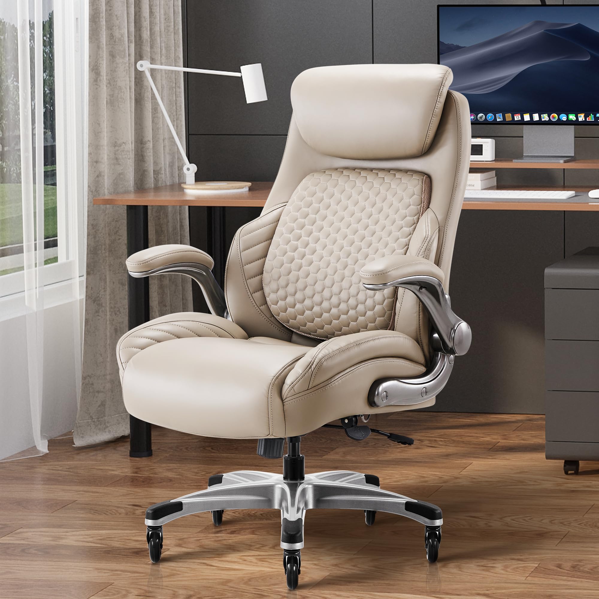 COLAMY Office Ergonomic Desk High Back Executive Chair with Pop-Out Lumbar Support, Upgraded Casters, Adjustable Headrest, Flip-Up Arms, Leather Home with Thick Cushion for Comfort - Khaki