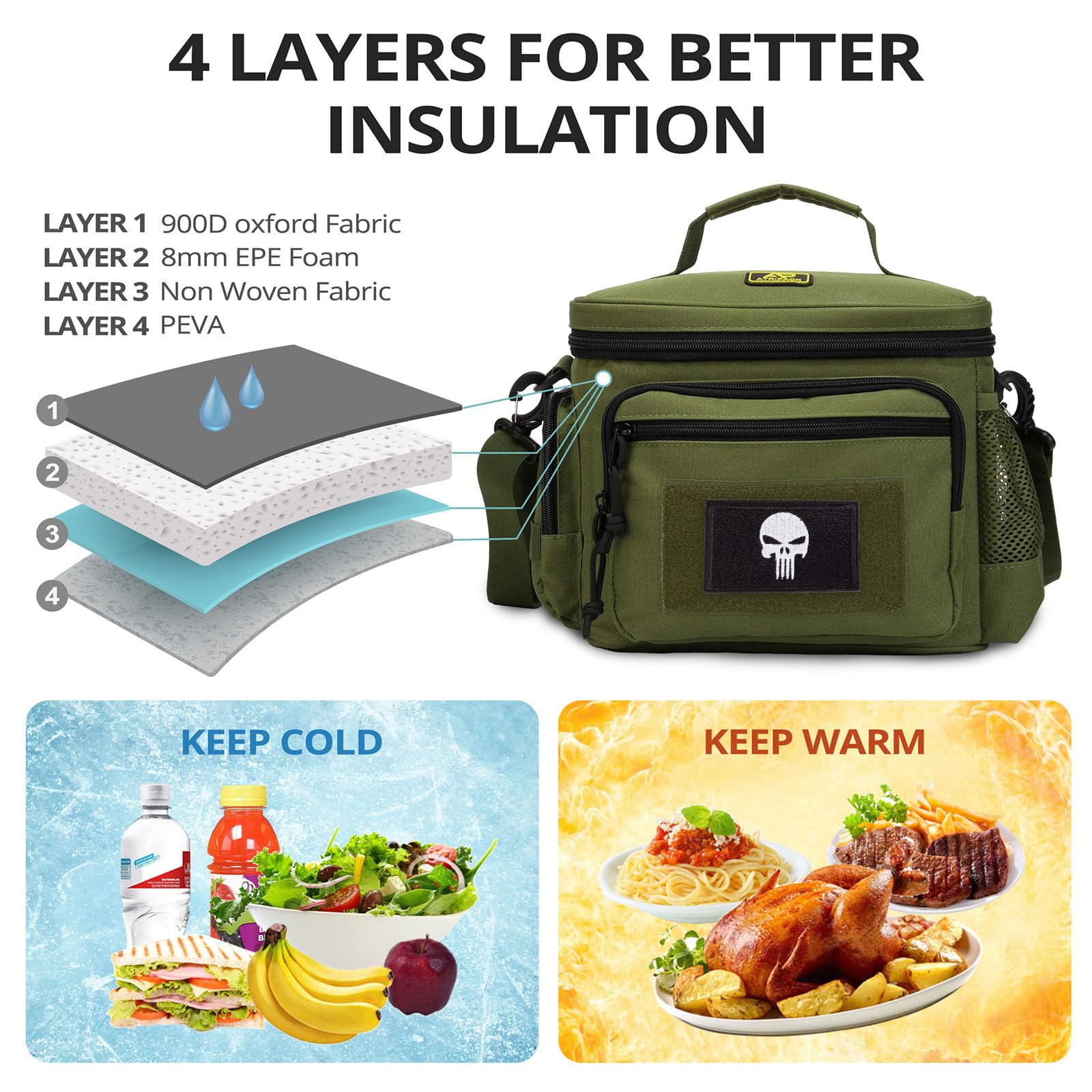 ATRIPACK Borsa portapranzo da uomo, tattica, con cinghia MOLLE, a prova di perdite, isolata, grande, per donne e adulti, con tracolla regolabile, durevole secchio per il pranzo (nero