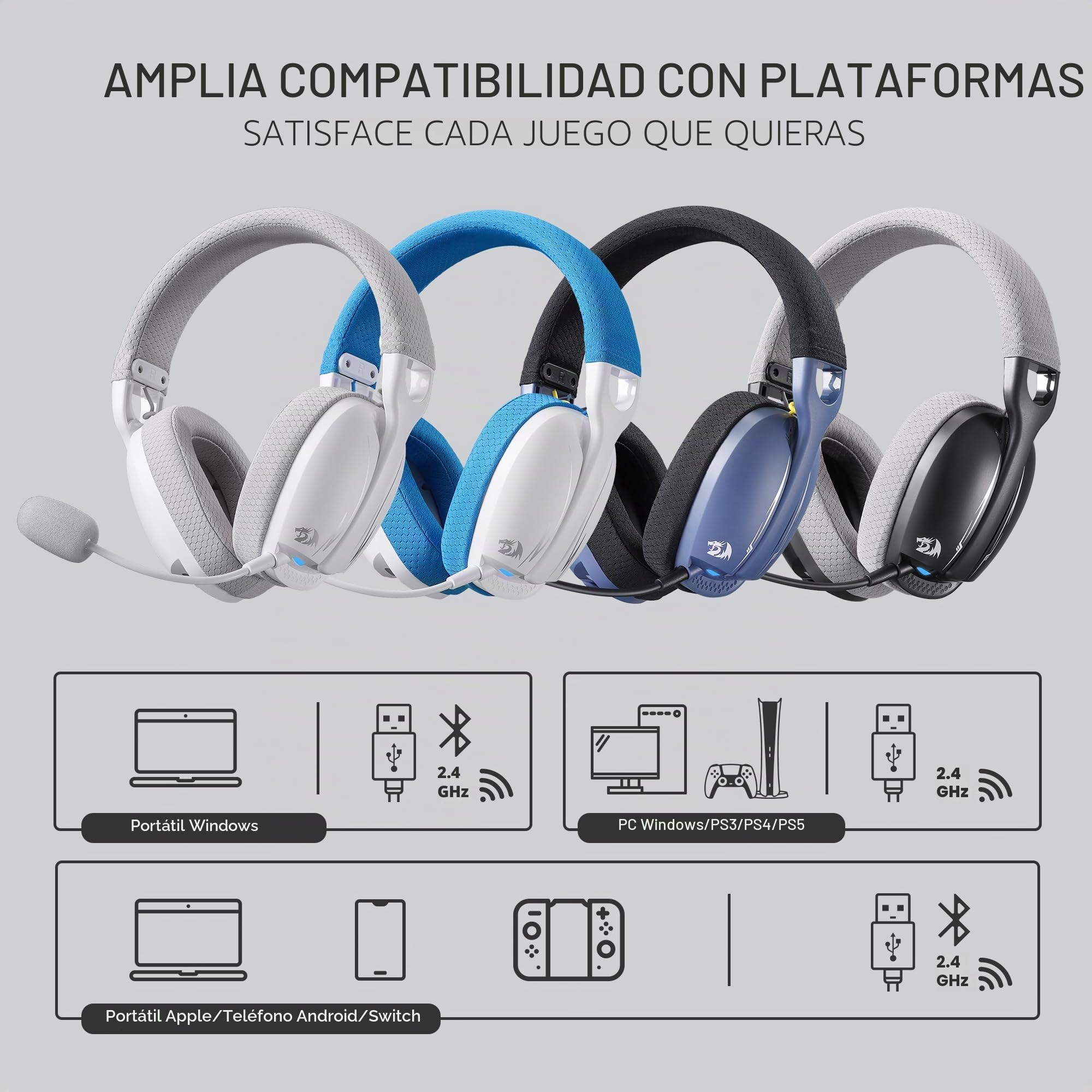Redragon H878 Auriculares Gaming Inalámbricos 3 Modos 7.1 Blanco Azul | Iluminación Azul Sonido Surround 7.1 Controladores 40MM Micrófono Desmontable PC PS5 Móvil