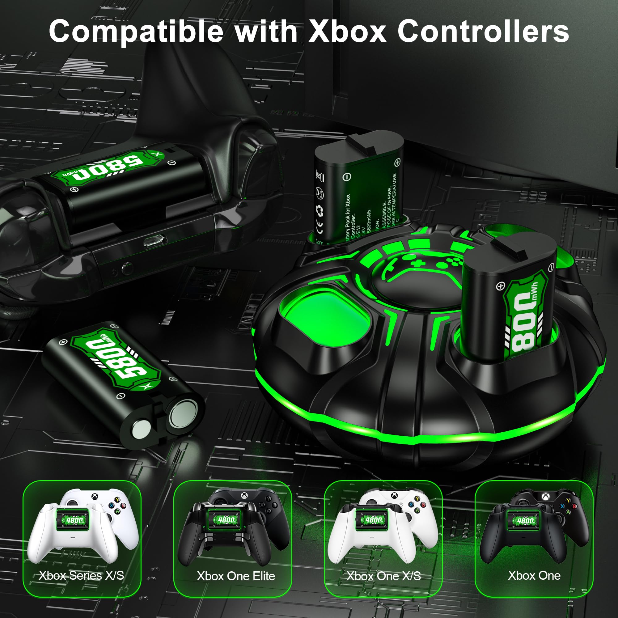 Ukor Ricarica rapida 4 batterie ricaricabili da 2000 mAh con caricabatterie per controller Xbox Batterie ricaricabili Accessori Xbox per Xbox One/Xbox Series X|S Xbox One S/Xbox One X/Xbox One Elite