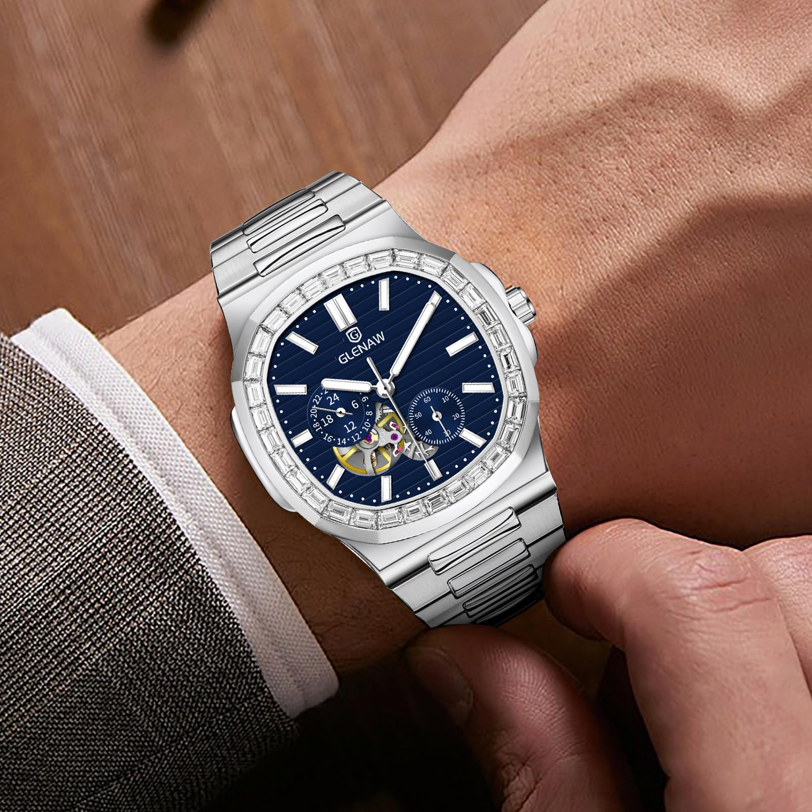 GLENAW Automatische Tourbillon-Uhren für Herren, quadratische Skelett-Uhr, Edelstahl, selbstaufziehend, mechanische Uhr, Armbanduhr