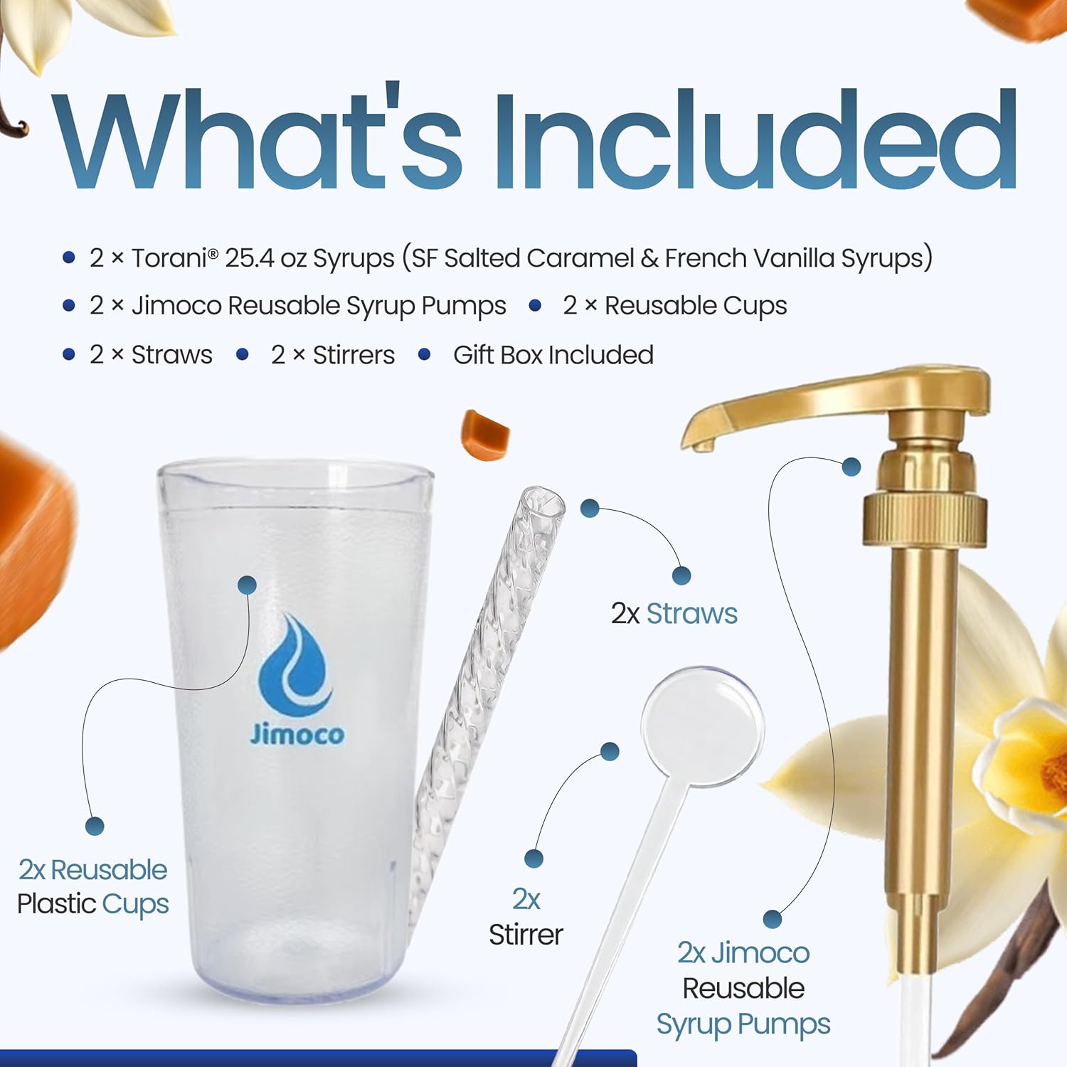 Jimoco Barista Set – Torani Sugar Free Salted Caramel & French Vanilla Syrups (25.4 oz Each) with 2 Jimoco Syrup Pumps, Reusable Cups, Straws & Stirrers – Coffee, Italian Soda & Cocktail Flavoring Kit