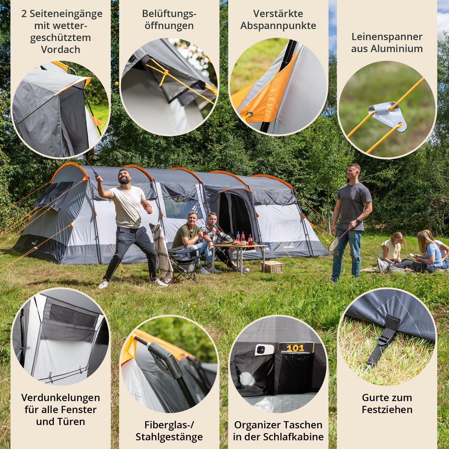 Skandika Hurricane 8 Person Tunnel Tent with or Without Sewn Floor, With/Without Sleeping Technology, 2 Cabins (Sewn Floor/Lying Floor) Sports & Outdoors