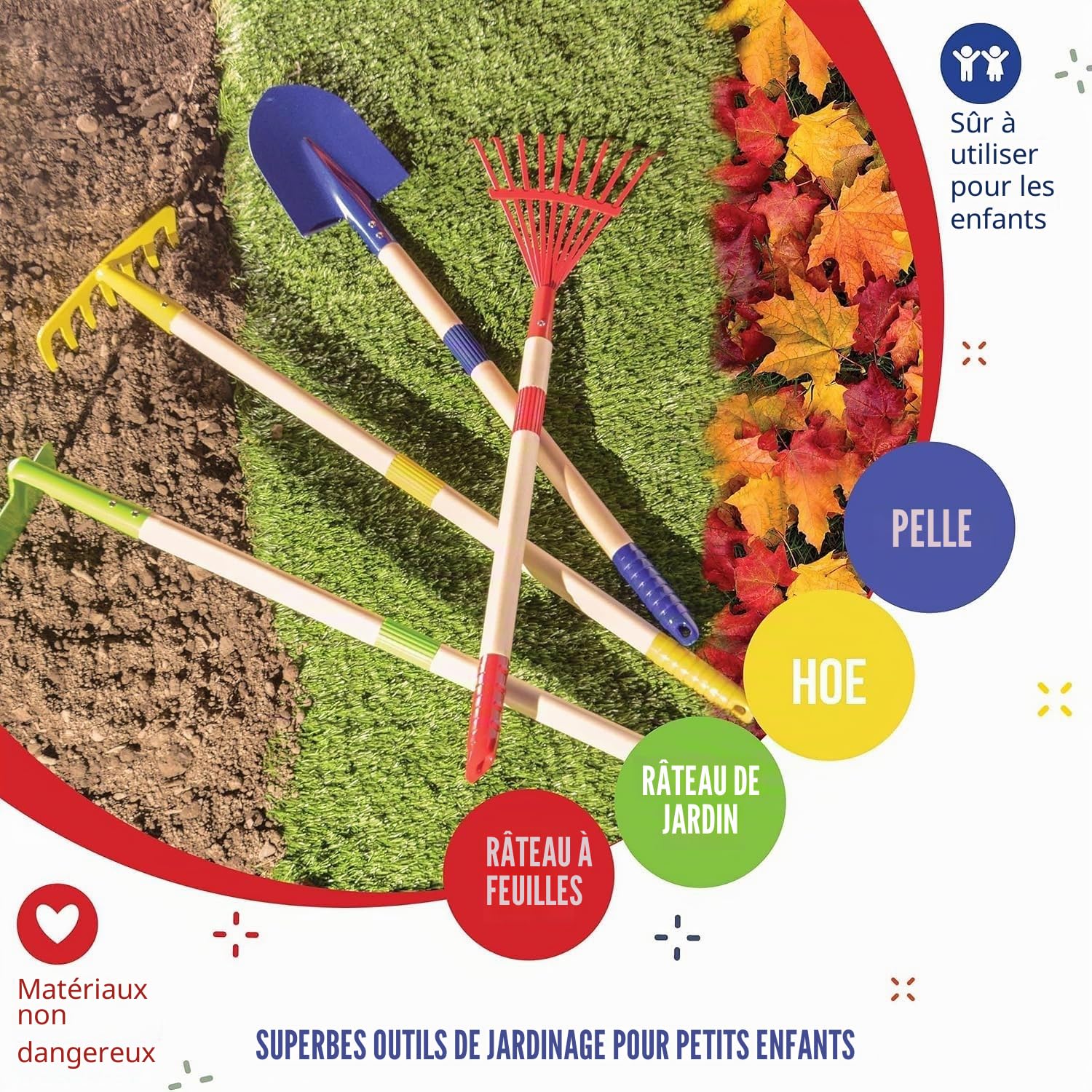 LATERN 6 Pièces D'outils de Jardinage pour Enfants, 71CM Métal Grande Pelle Râteau Houoche Feuilles Râteau avec Bois Manche, Arrosoir, Gants - pour Enfants Extérieur Jardin Cour Pelouse Creuser Jouer