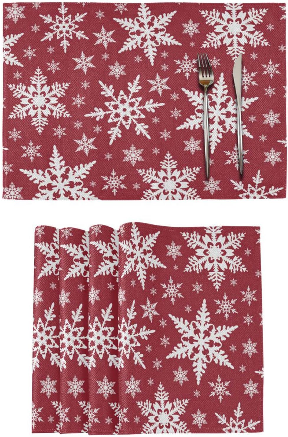 Christmas White Snowflake Placemats Set of 6 Washable Non-Slip Burlap Table Mats Heat Resistant Place Mats for Home Kitchen Dining Party 12 X 18 in