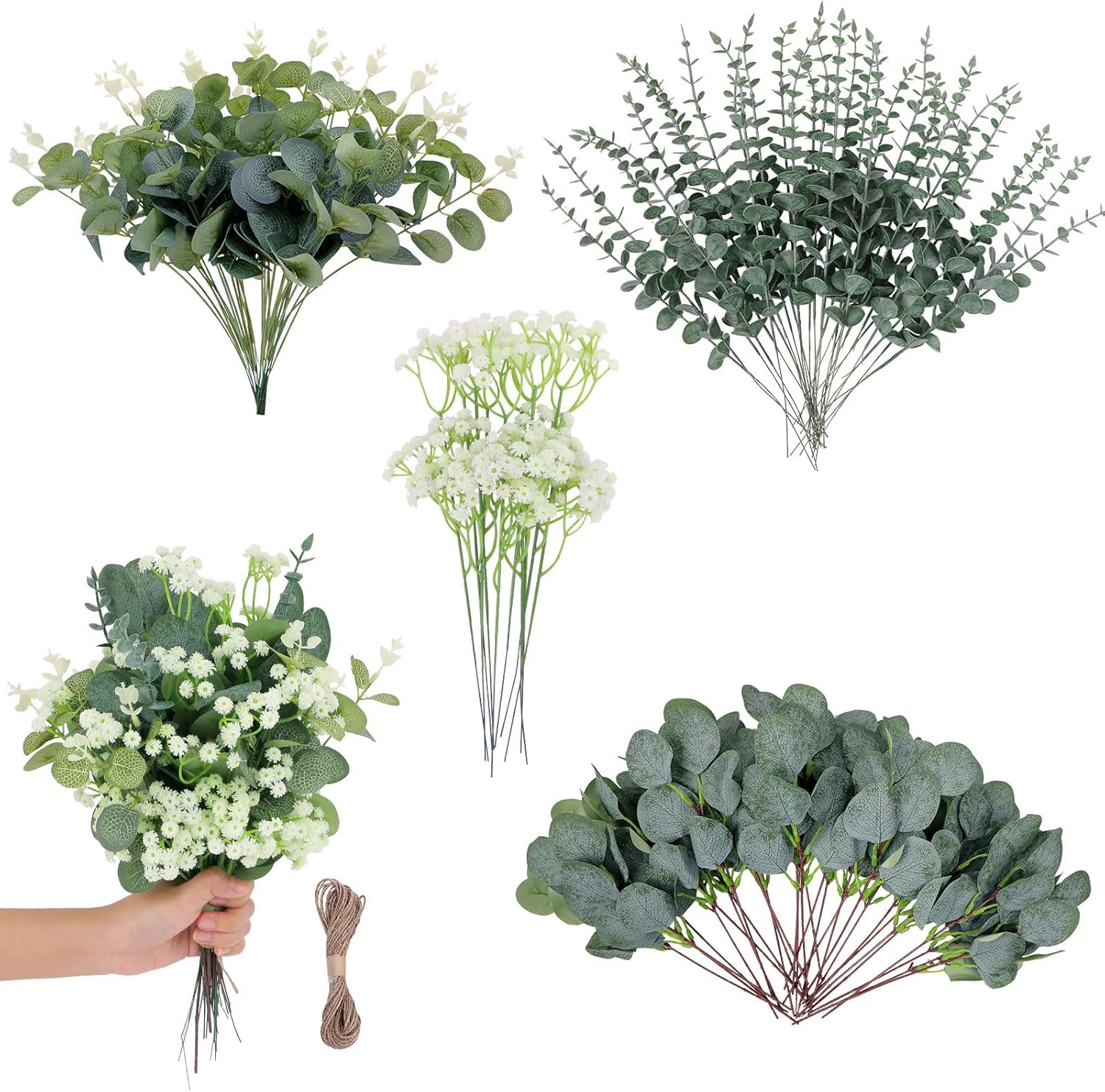 100 Pcs 4 Kinds Artificial Eucalyptus Stems, Mixed Faux Greenery Stems Fake Silver Dollar Eucalyptus Leaves Stems Bulk Babys Breath for DIY Bouquet Centerpieces…