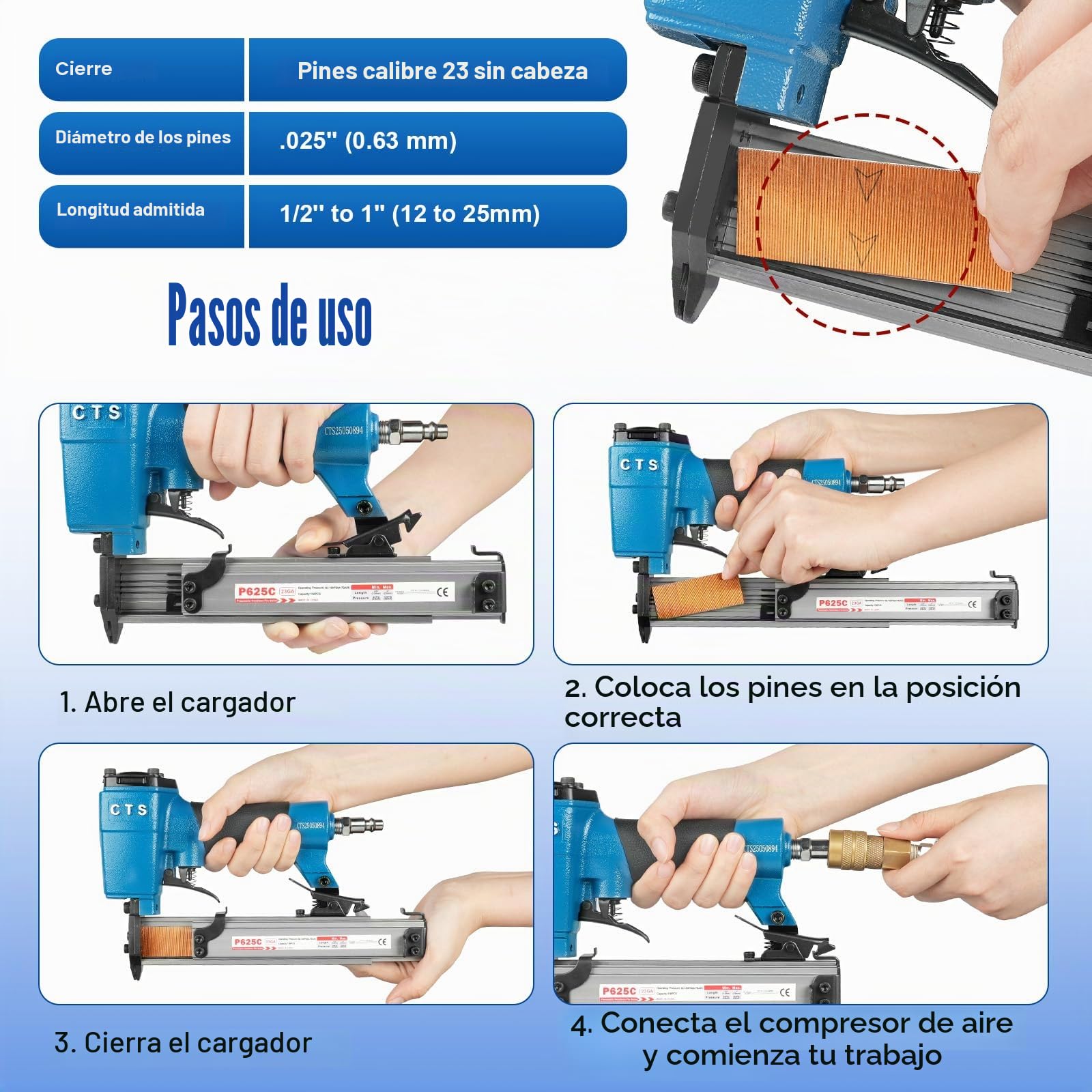 CTS P625C - Clavadora de pines de calibre 23 con 3000 piezas de clavos, pistola neumática de clavos sin cabeza con bloqueo de seguridad, se adapta a clavos de pines de 1/2'' a 1'' (12 a 25 mm
