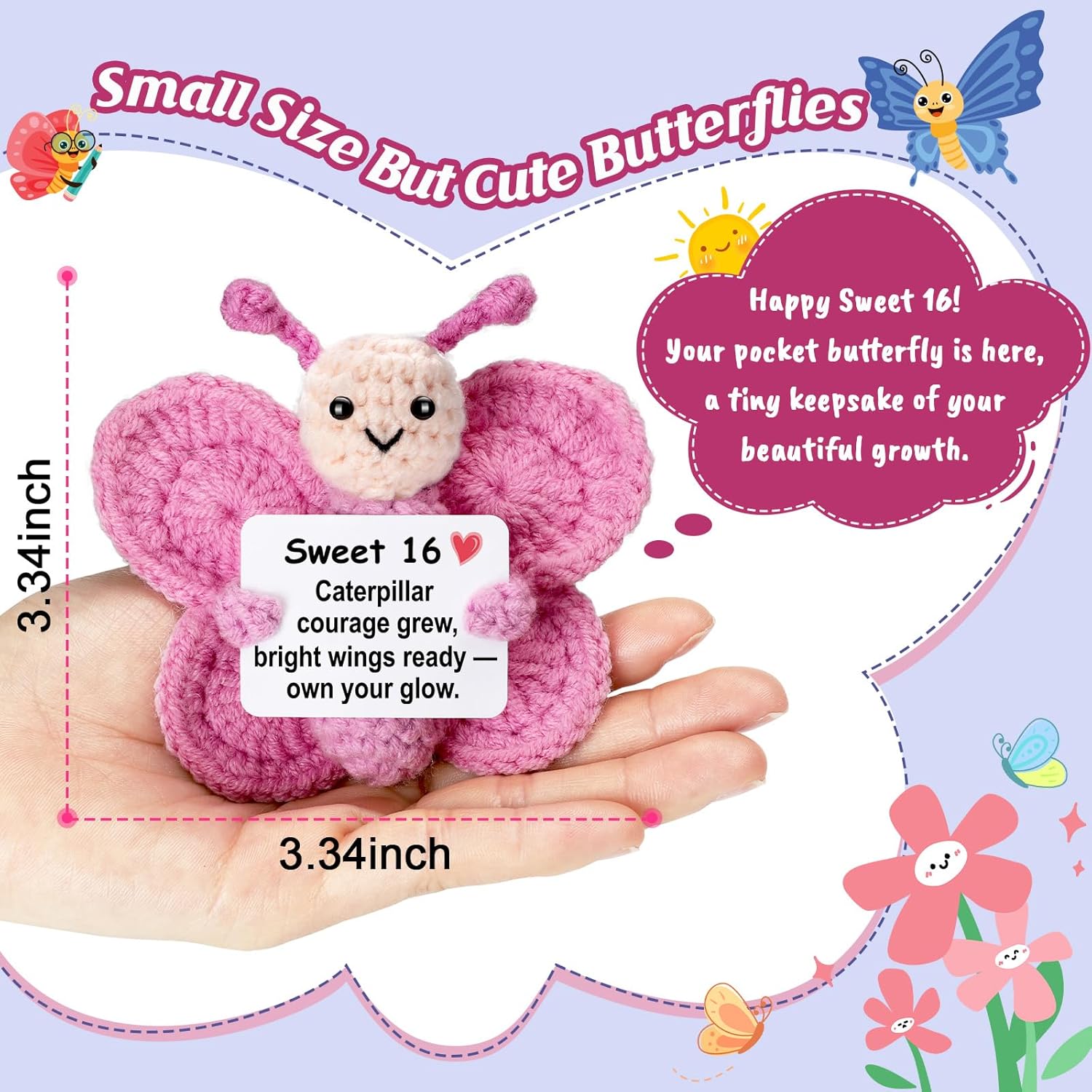 Sweet 16 Gift for Girls – Mini Crochet Butterfly Plush with 16th Birthday Message Sign, Handmade 4-inch, 16 Year Old Gift Idea, Kawaii Desk Shelf Decor, Coming-of-Age Present - Image 2