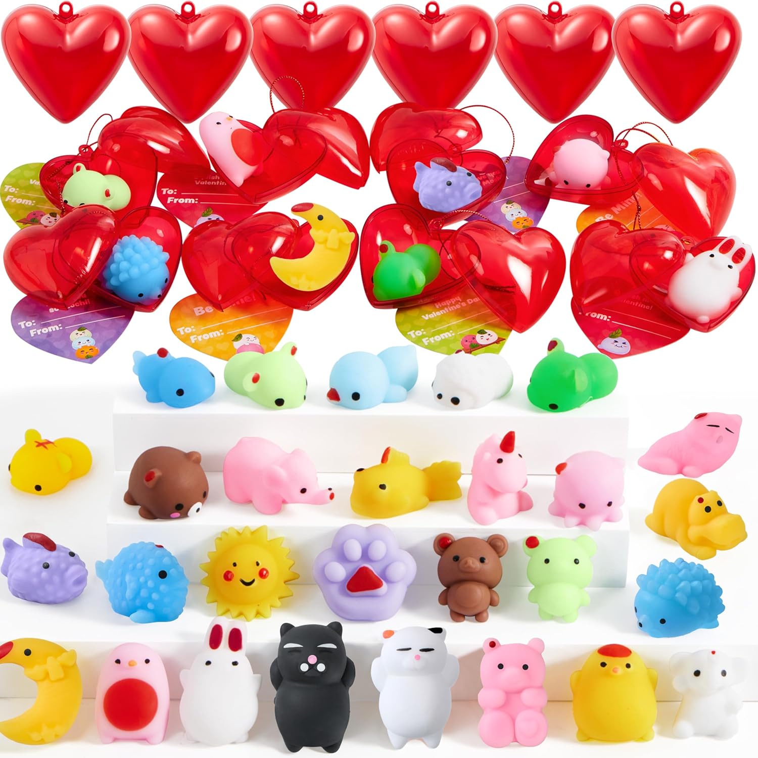 JOYIN 28 PCS Mochi Squishy Toys with Valentine Cards and Filled Hearts Party Favors for Kids Valentine Gifts Classroom Exchange, Kawaii Stress Relief Toy for Valentine’s Day Gift Exchange, Game Prizes