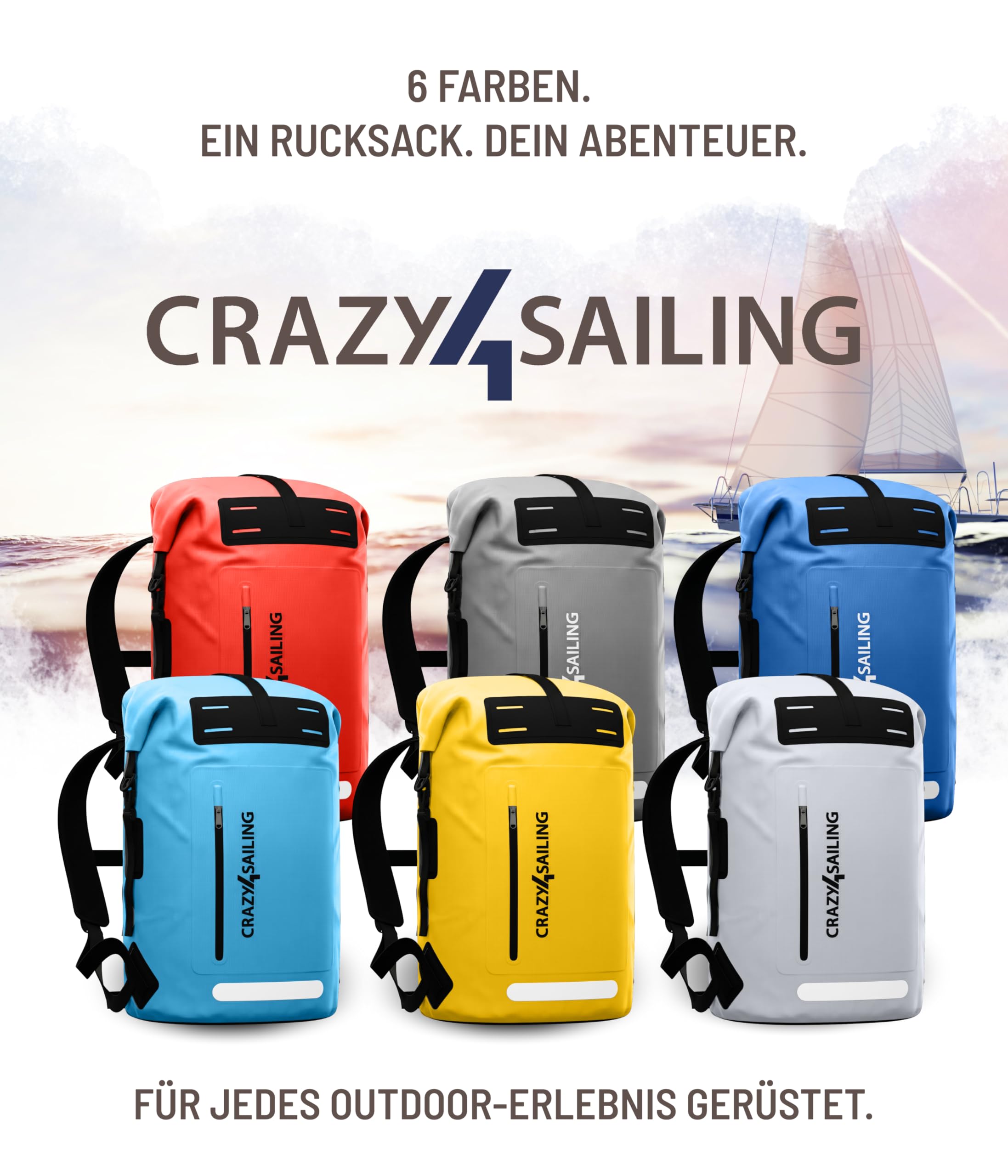 crazy4sailing Mochila impermeable de PVC 35 L/55 L – Mochila de exterior para barco, vela, camping y ciclismo – Bolsa de lona resistente al agua de PVC en 6 colores, amarillo, 55 Liter, Mochila