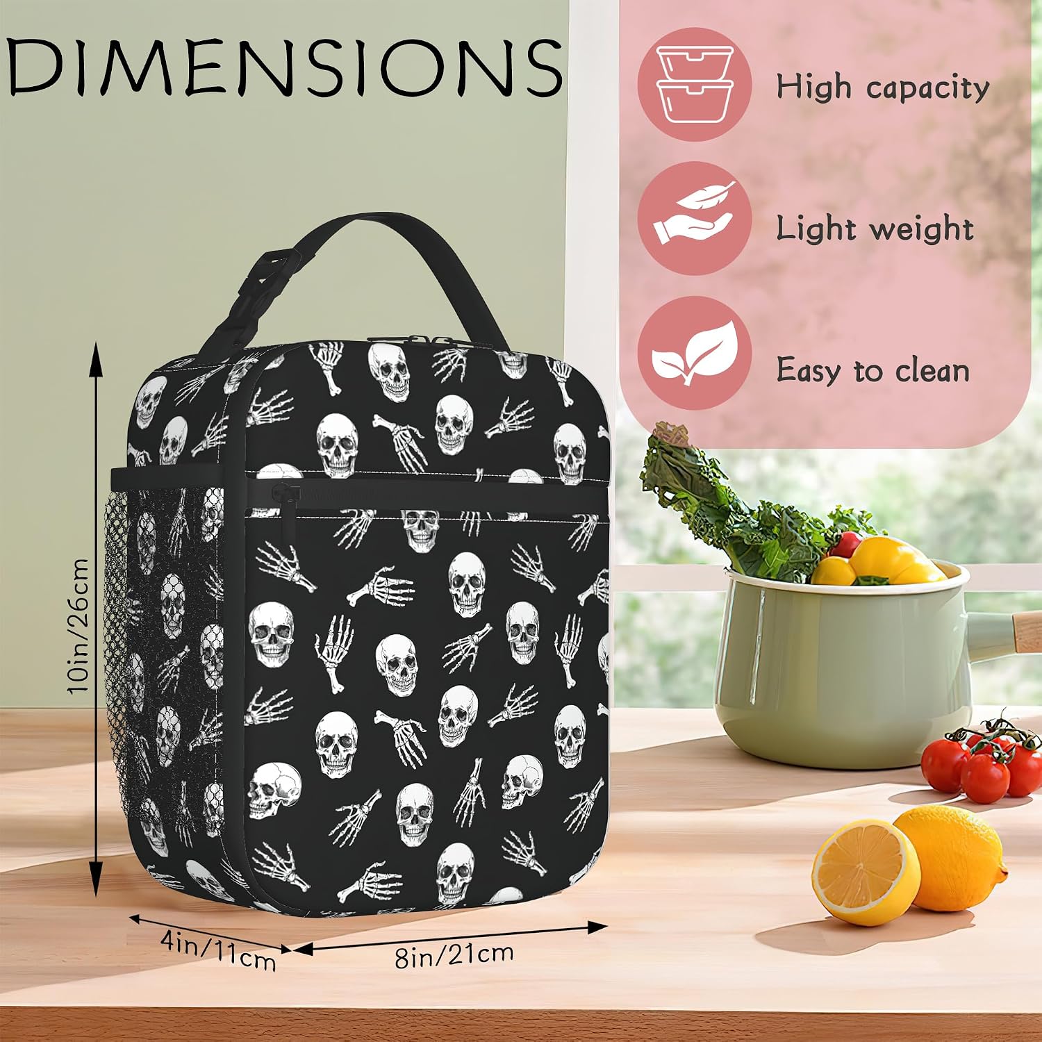 Cool Skull Skeleton Lunch Bag, Insulated Reusable Lunch Tote Gift image 2