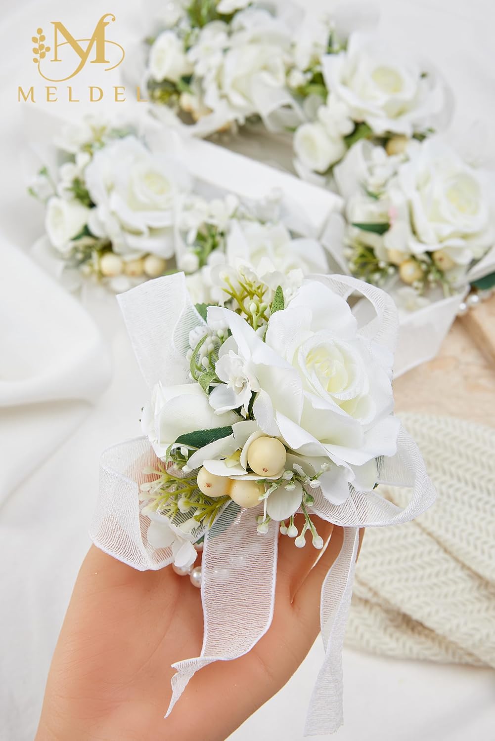 Meldel White Wrist Corsage for Women Bride Bridesmaids Wedding, Set of 6, Artificial Rose Corsages Wristlet for Prom Suit Accessories Bridal Shower Mother Homecoming Flowers Party Ceremony Anniversary