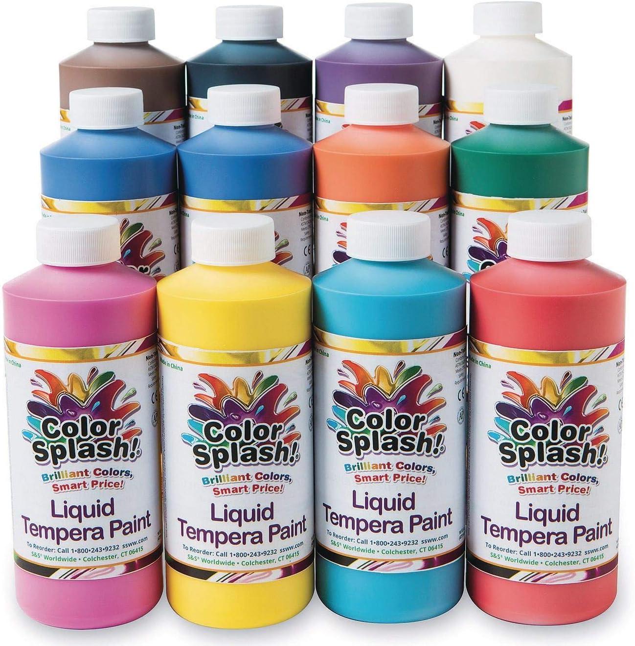 S&S Worldwide Color Splash! Liquid Tempera Bulk Paint, 12 Bright Colors, 16-oz Bottles, Great for Arts & Crafts and School as Poster Paint, For Kids & Adults, Non-Toxic Set of 12 : Everything Else