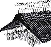 Vista 9 de Perchas de madera con clips, paquete de 16 perchas de madera para faldas con clips, perchas de madera de nogal seleccionada de alta calidad