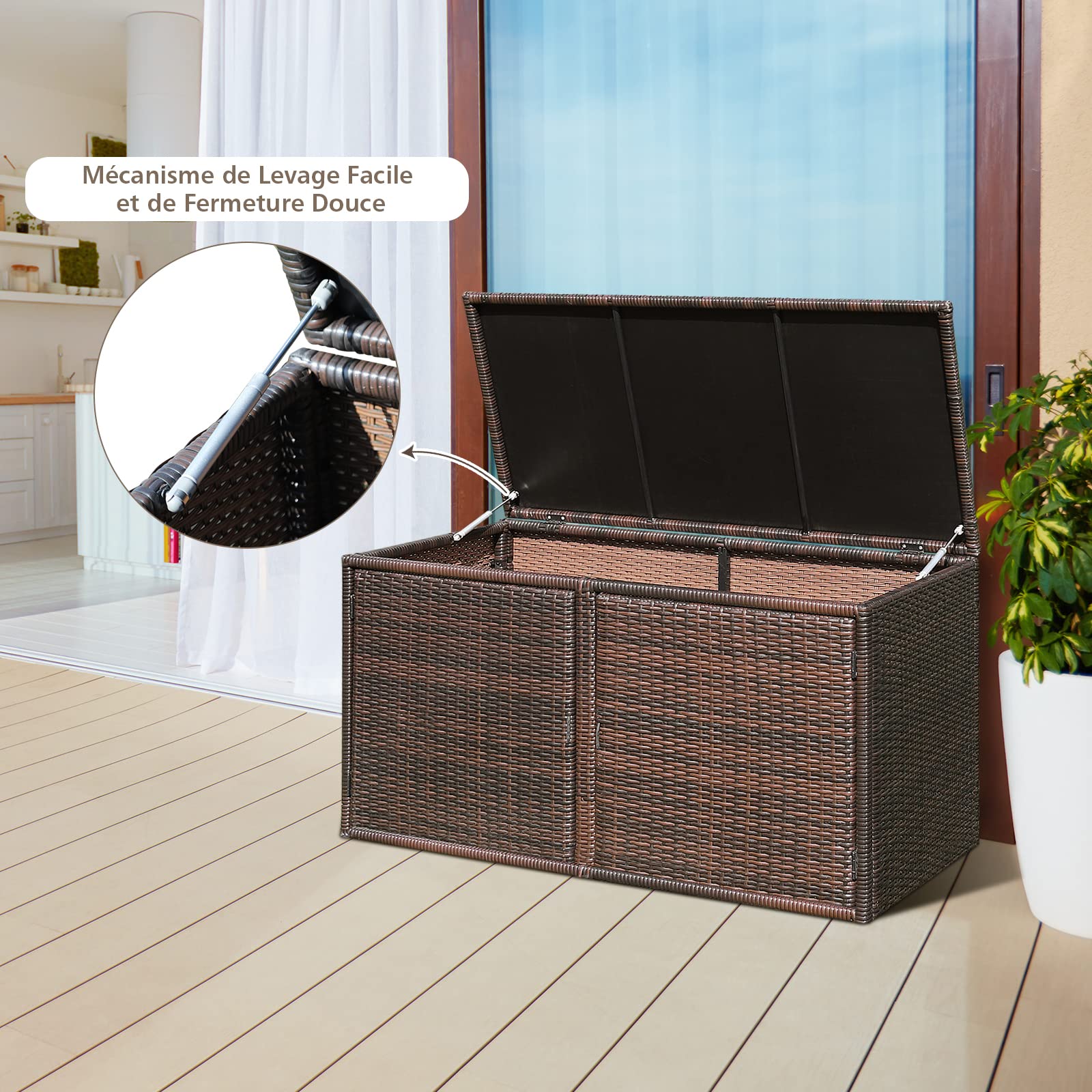 COSTWAY Coffre de Rangement Extérieure en Rotin 335L, Boîte de Rangement avec Couvercle 2 Portes 2 étagères Cadre en Acier, pour Ranger des Outils Jouet Accessoires 115x60x65CM (Marron)