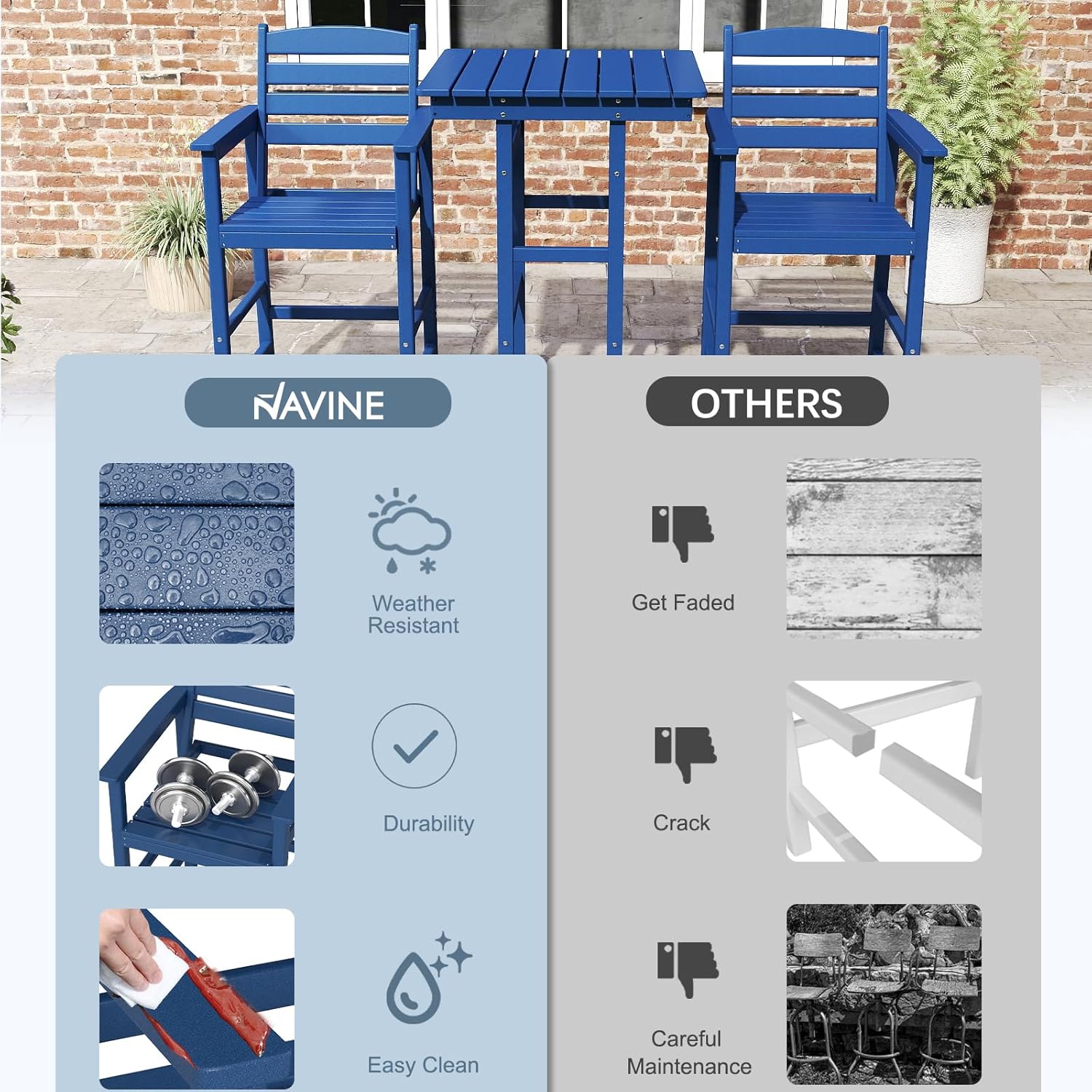 NAVINE 3-Piece Adirondack Bar Table and Chair Set, HDPE All-Weather Bar Height Chairs Set of 2 with Bar Table, Outdoor High Top Patio Bar Set for Bistro, Balcony, Patio, Poolside, Navy Blue