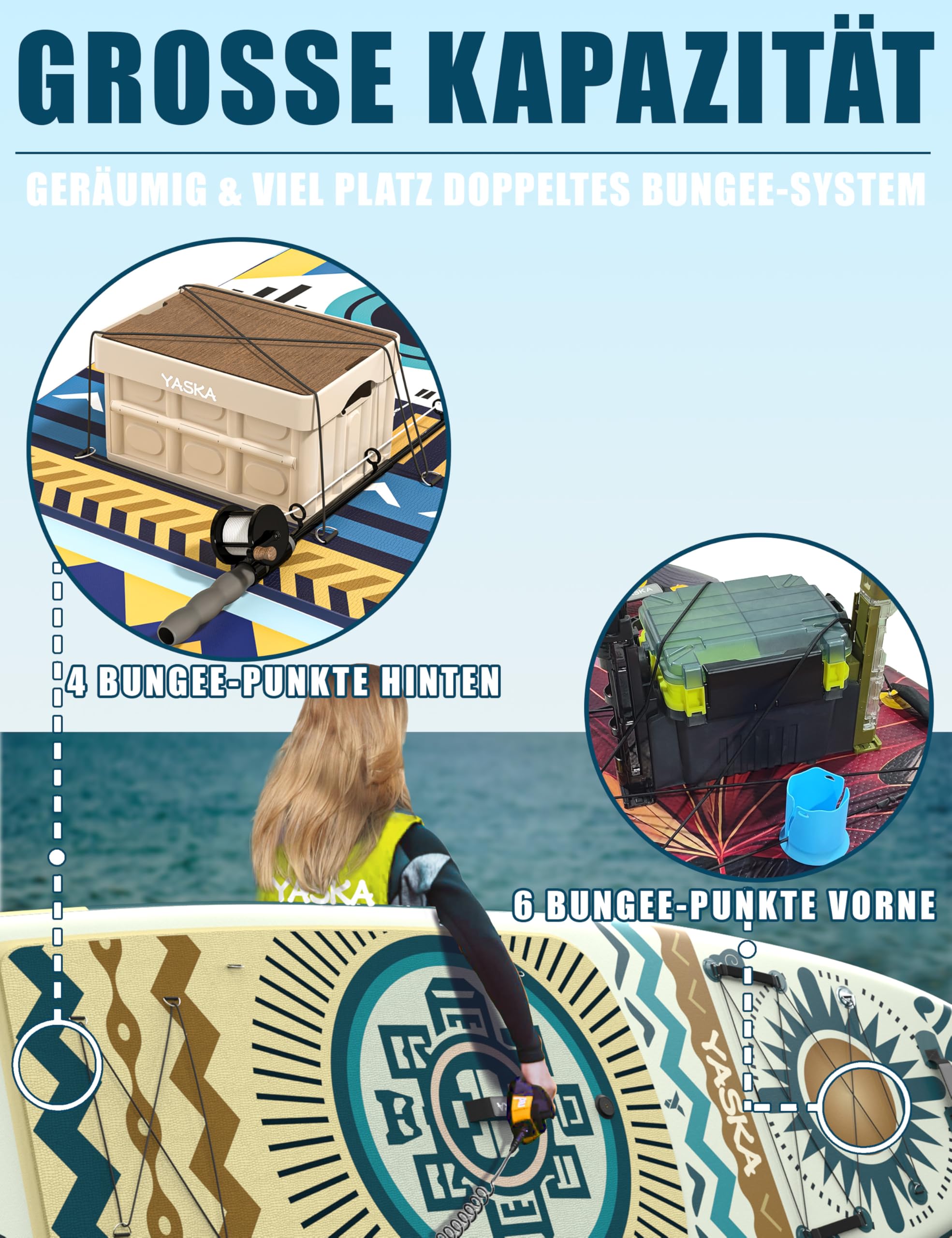YASKA Tabla Paddle Surf Hinchable,Stand Up Paddle Board Surf con Accesorios Remo,Bomba,Correa,Aleta para 2 Personas Familia Adultos