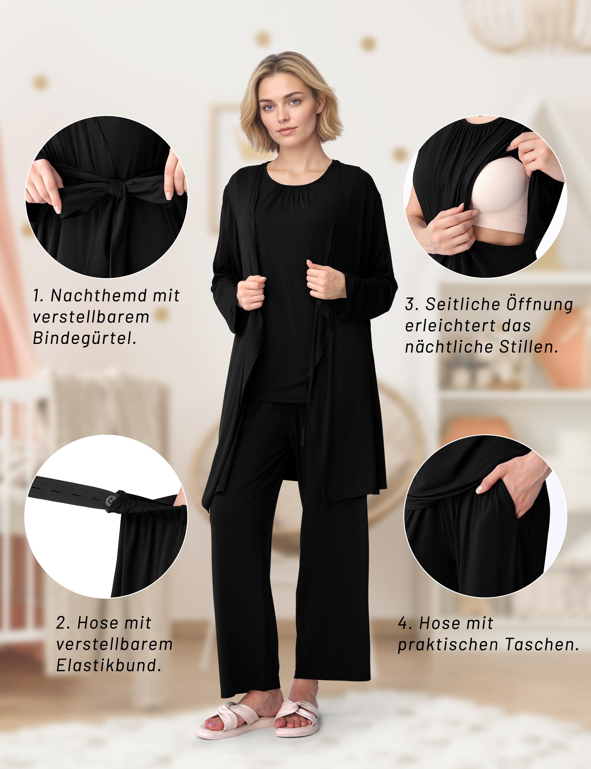 SUNNYBUY Pigiama da allattamento da donna, 3 pezzi, con top, pantaloni e vestaglia, ideale per gravidanza, letto settimanale e clinica