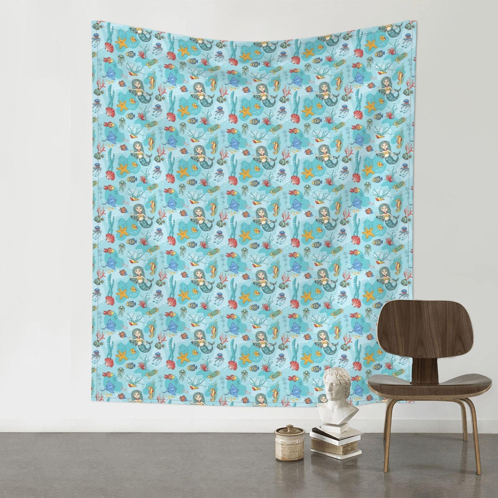 YYHWHJDE Mermaid Tropical Jellyfish Goldfish Cheering Seahorse Prints 60x51in Wall Tapestry – High-Grade Polyester Throw for Dorm, Beach & Home Decor