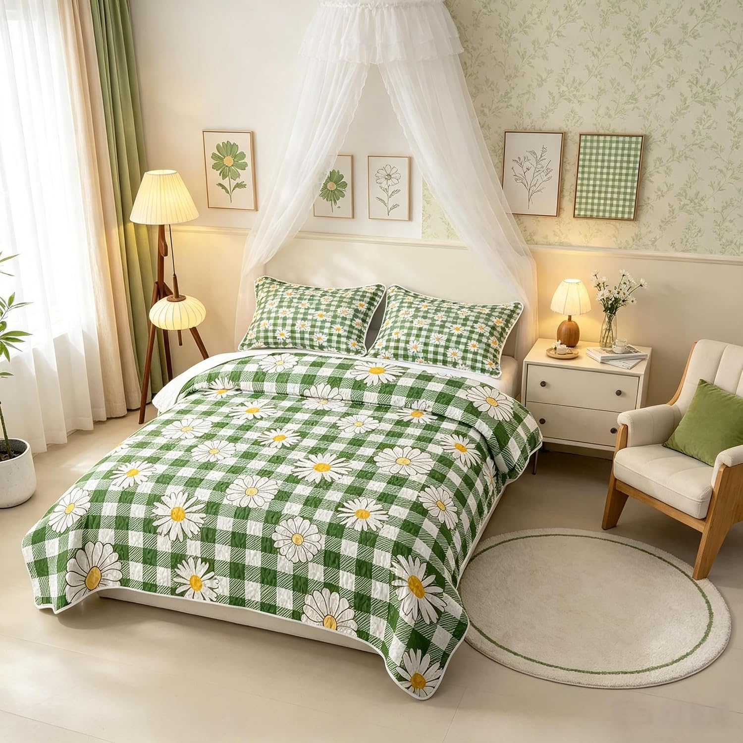 Castle Fairy Daisy Plaid Kids Quilt Set King Size,Rustic Flowers Quilted Bedspread,Boho Gingham Quilted Coverlet with 2 Pillow Sham,White Pink Bed Covers for All Season