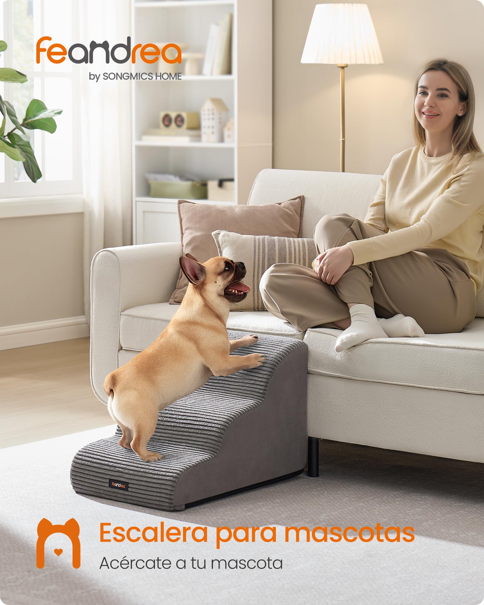 Feandrea Escalera para Perros de 3 Peldaños, para Cama, Sofá, Impermeable con Diseño Antideslizante, Pendiente Suave, Cubierta Lavable Extraíble, Asa, Gris Paloma PPS003G01