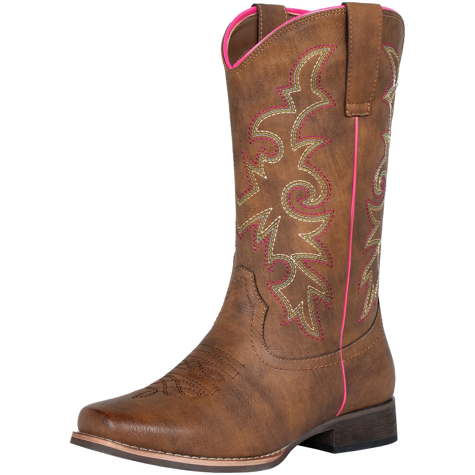SheSole Women's Cowboy Boots Square Toe Western Cowgirl Mid Wide Calf Embroidered Boots Brown