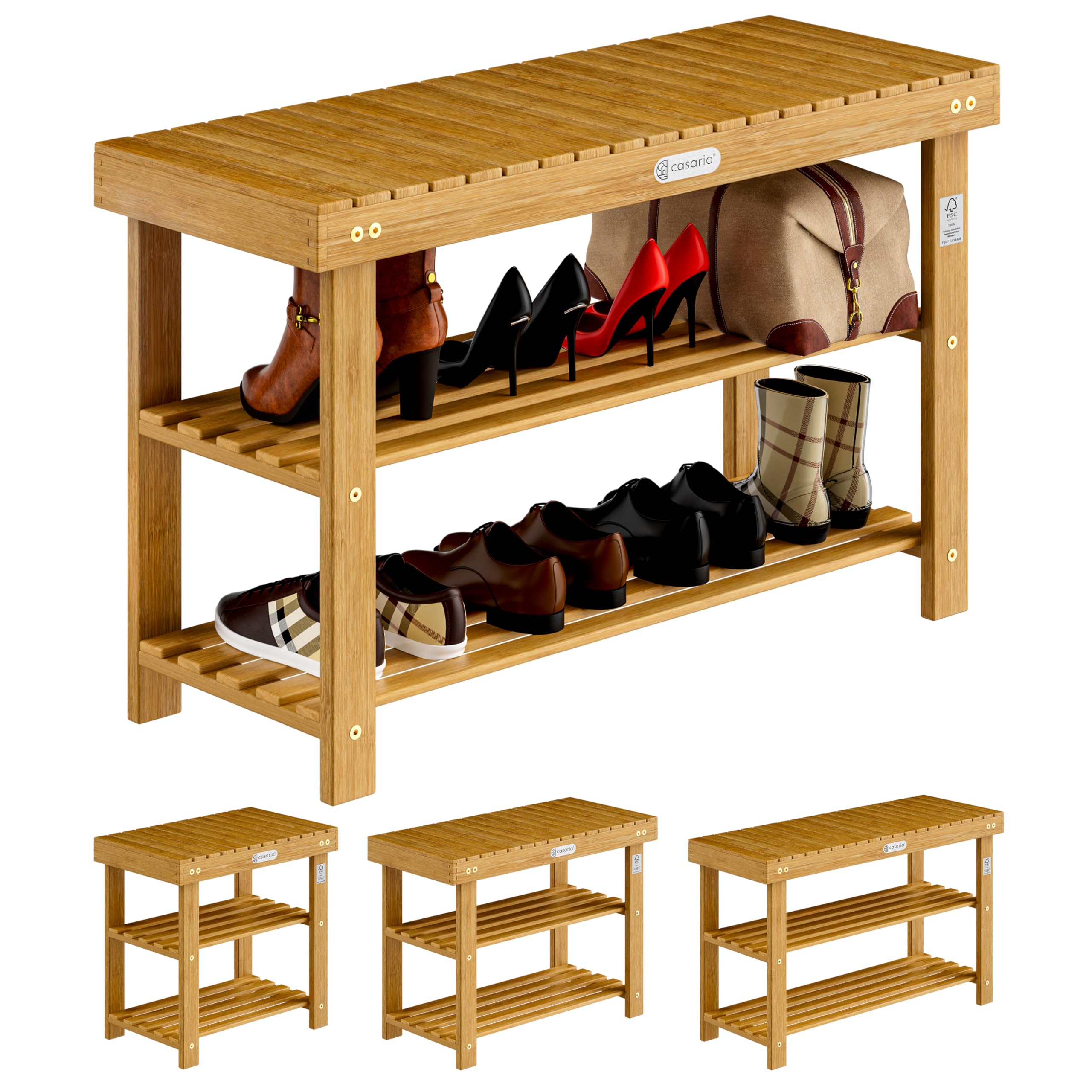 Casaria® Scarpiera con Seduta in Legno Capacità 160 kg Certificata FSC® Acacia 3 livelli Panca Bagno Corridoio Marrone
