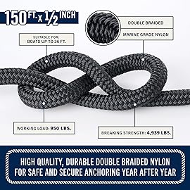 RainierSupplyCo Boat Anchor Rope - Double Braided Marine Rope Anchor Line - 150 ft x 1/2 Inch Nylon Boating Line with 316 Stainless Steel Thimble and Heavy Duty Marine Grade Bow Shackle - Black