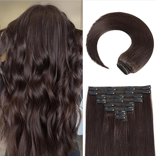 Dark Brown Clip in Hair Extensions, 18 Inch 100g/3.5oz, 2 Dark Brown Hair Extensions Real Human Hair, Invisible Seamless Remy Human Hair Clip Extensions for Women 8pcs Per Set with Double Weft