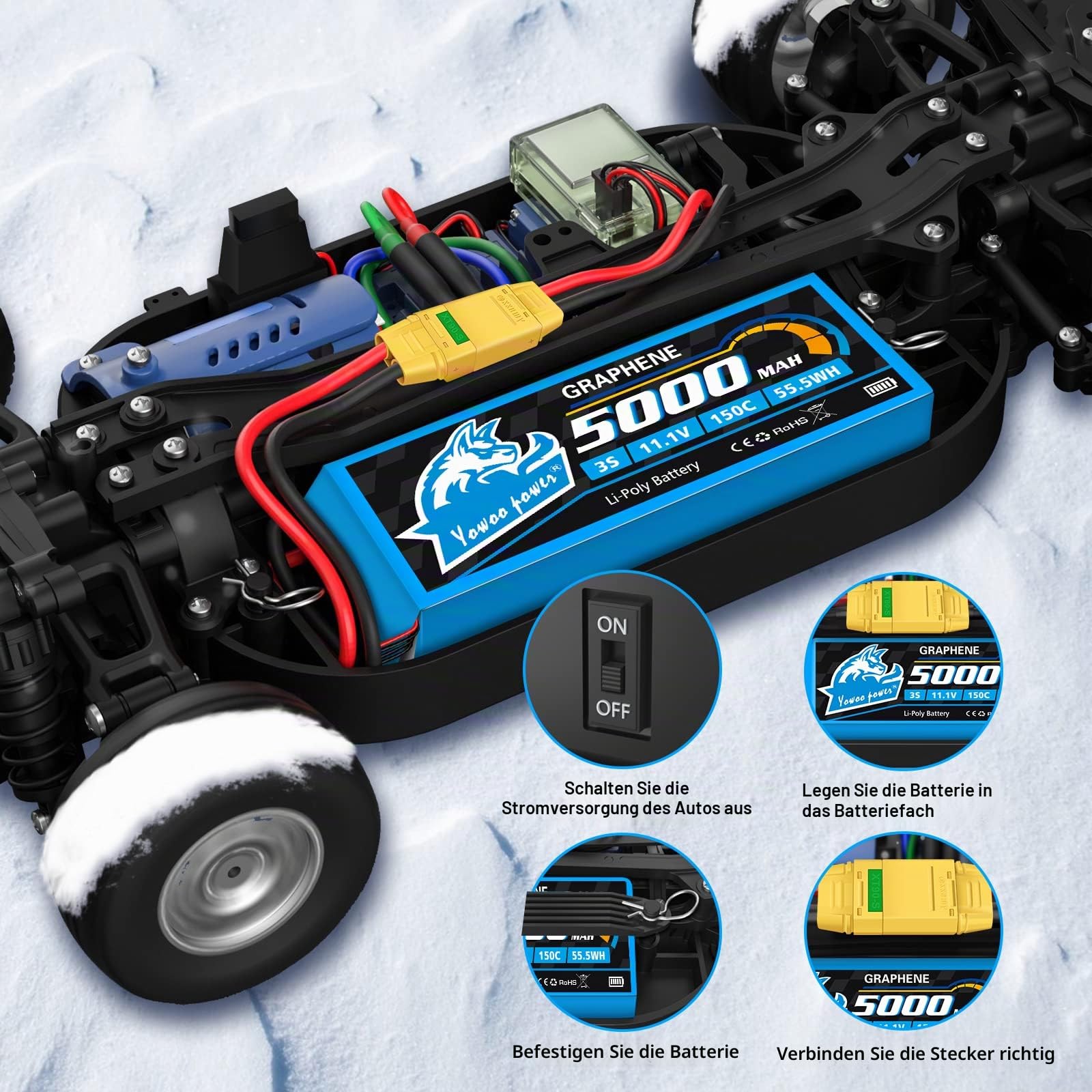 Yowoo Lipo Akku 3S 5000mAh 150C 11.1V Graphen Batterie mit XT90S Stecker für Fahrzeuge im Maßstab 1/8 Arrma Slash VXL Slash 4x4 VXL E-maxx Brushless Axial E-Revo Brushless und Spartan Modelle (2 Pack)