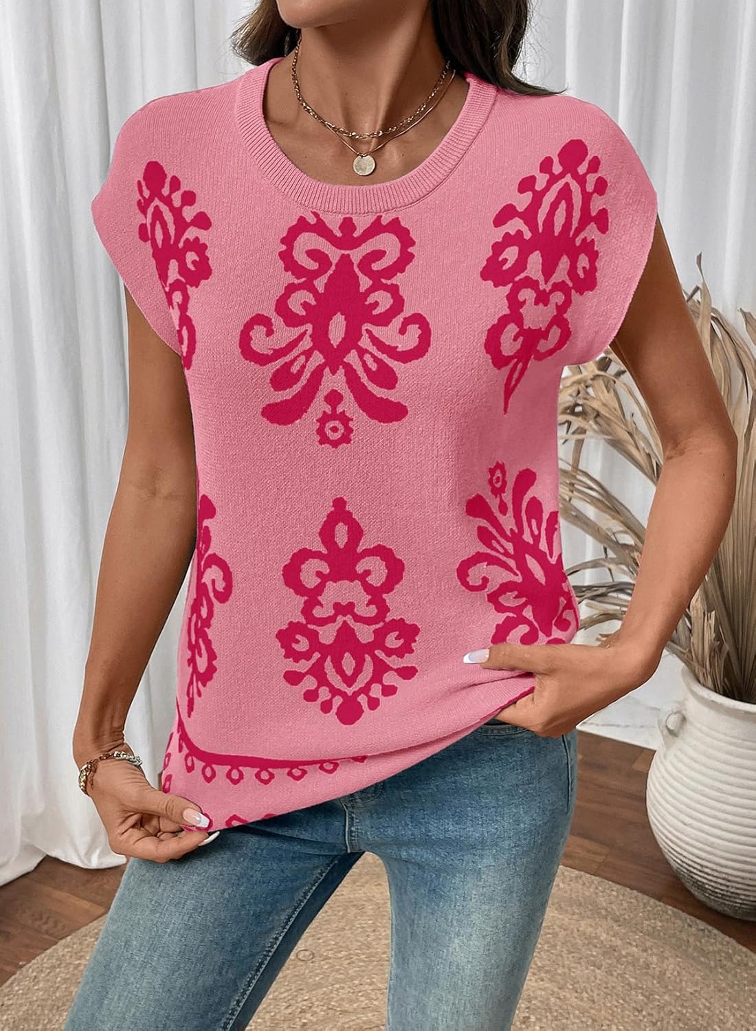 Dokotoo Women’s Sweater Vest Summer Casual Crewneck Knit Pullover Tops Lightweight Boho Printed Cap Sleeve Sweaters - Image 3