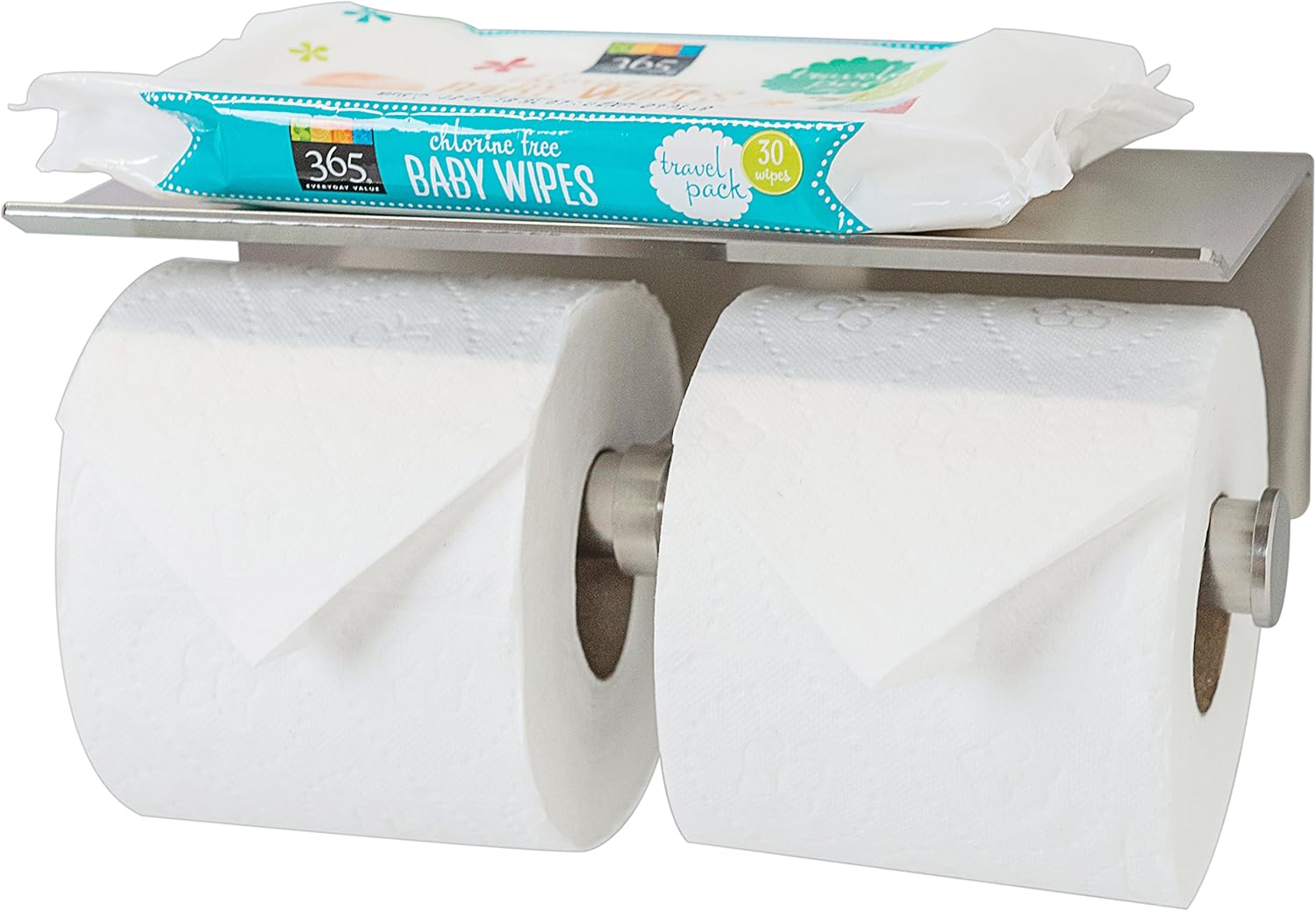 Neater Nest Adhesive Double Toilet Paper Holder with Phone Shelf, Supports Large Rolls, Modern Style (Brushed, 2-Roll)