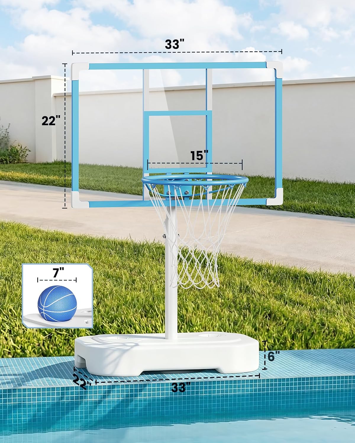 Yohood Pool Basketball Hoop, Stainless Steel Poolside Basketball Goal, Swimming Pool Basketball Hoop Poolside with 33 Inch Shatterproof PC Backboard, 2 Waterproof Balls & Pump