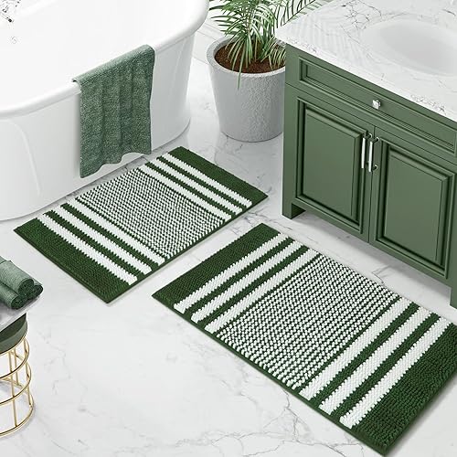 Starryle Tindbea Bathroom Rugs Set 2 Piece, Extra Soft and Absorbent Fluffy Striped Chenille Bath Mat Rug Set, Non Slip Bathroom Floor Mat, Machine
