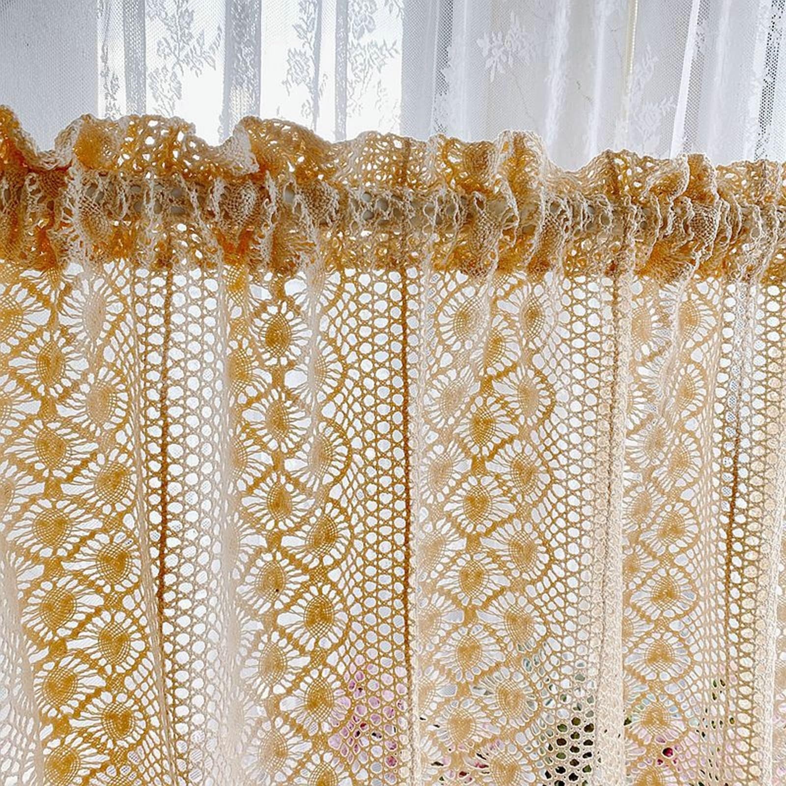 1Pcs Scheibengardinen Beige, Hohl Spitze Häkeln Voile Vorhang, HxB 130x90cm