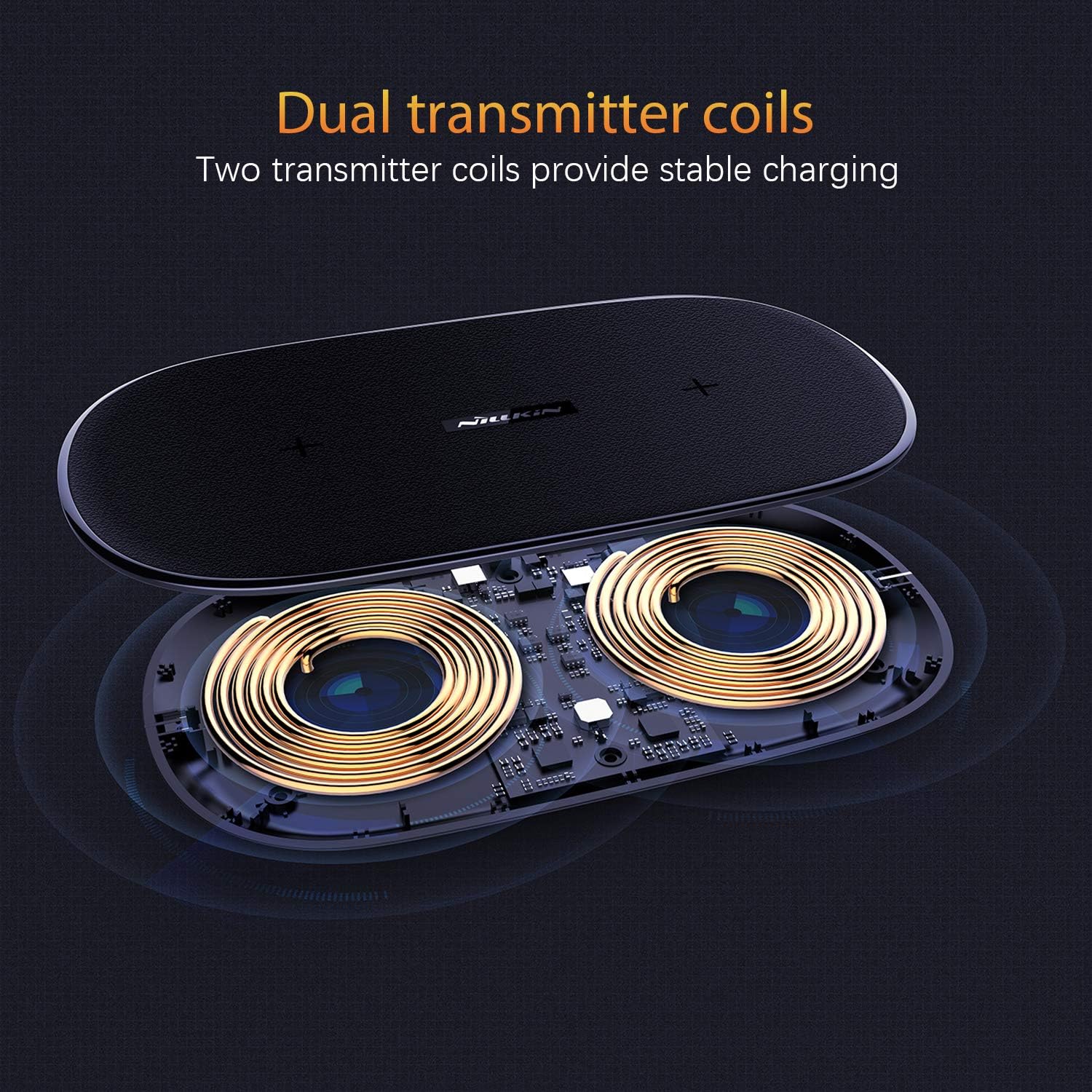 Image demonstrating foreign object detection on the Nillkin Dual Wireless Charging Pad, showing a phone not charging due to a ring, keys, or pen.