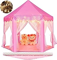 Monobeach Pink Princess Tent Playhouse with Star Lights & Play Mat - Large 55x53 Kids Castle for Girls Indoor Outdoor Play