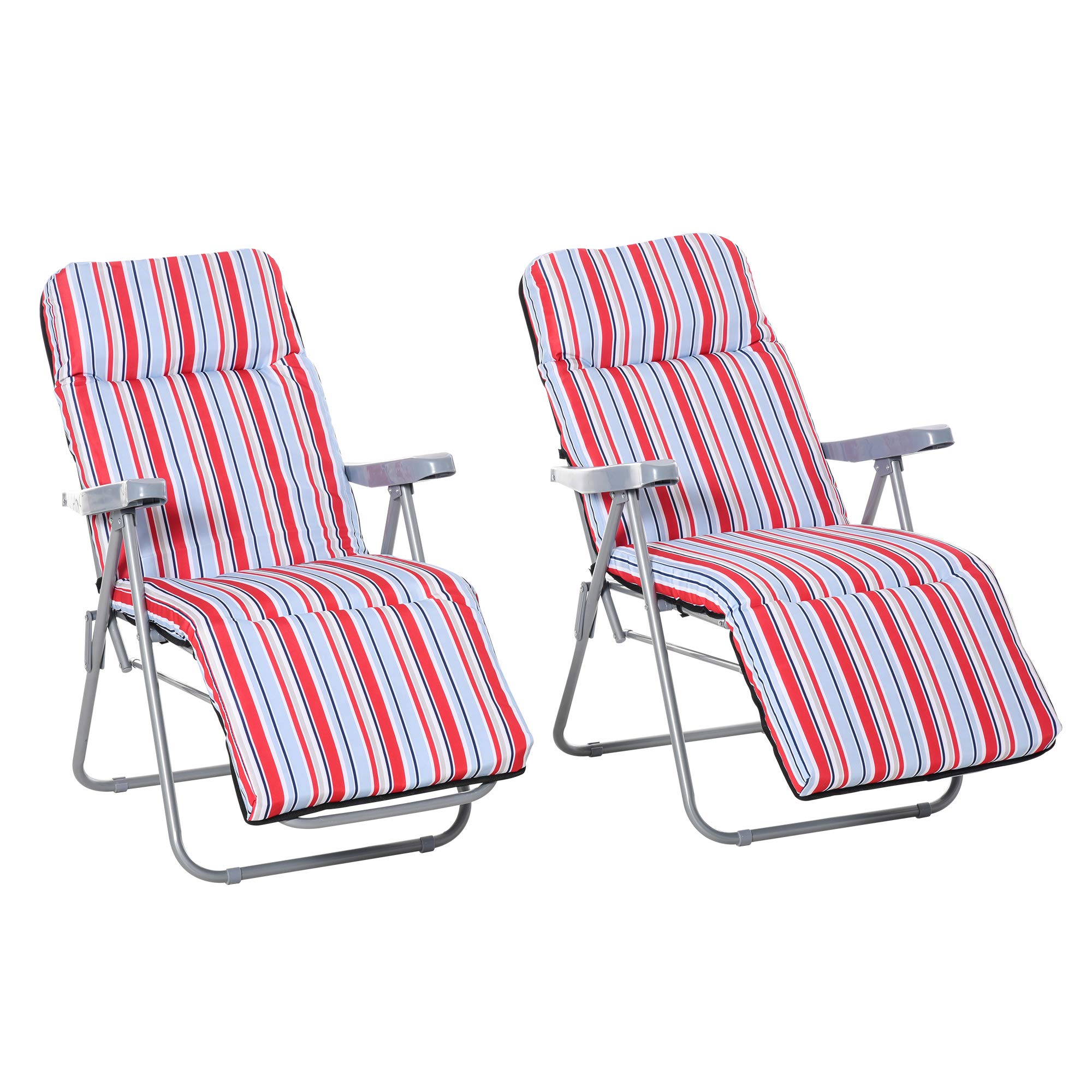 Outsunny Reclining Garden Chair Set of 2, 5-Level Adjustable Zero Gravity Chairs with Cushions, Folding Sun Lounger Garden Recliner Chairs with Armrests for Outdoor, Patio, Red Stripe