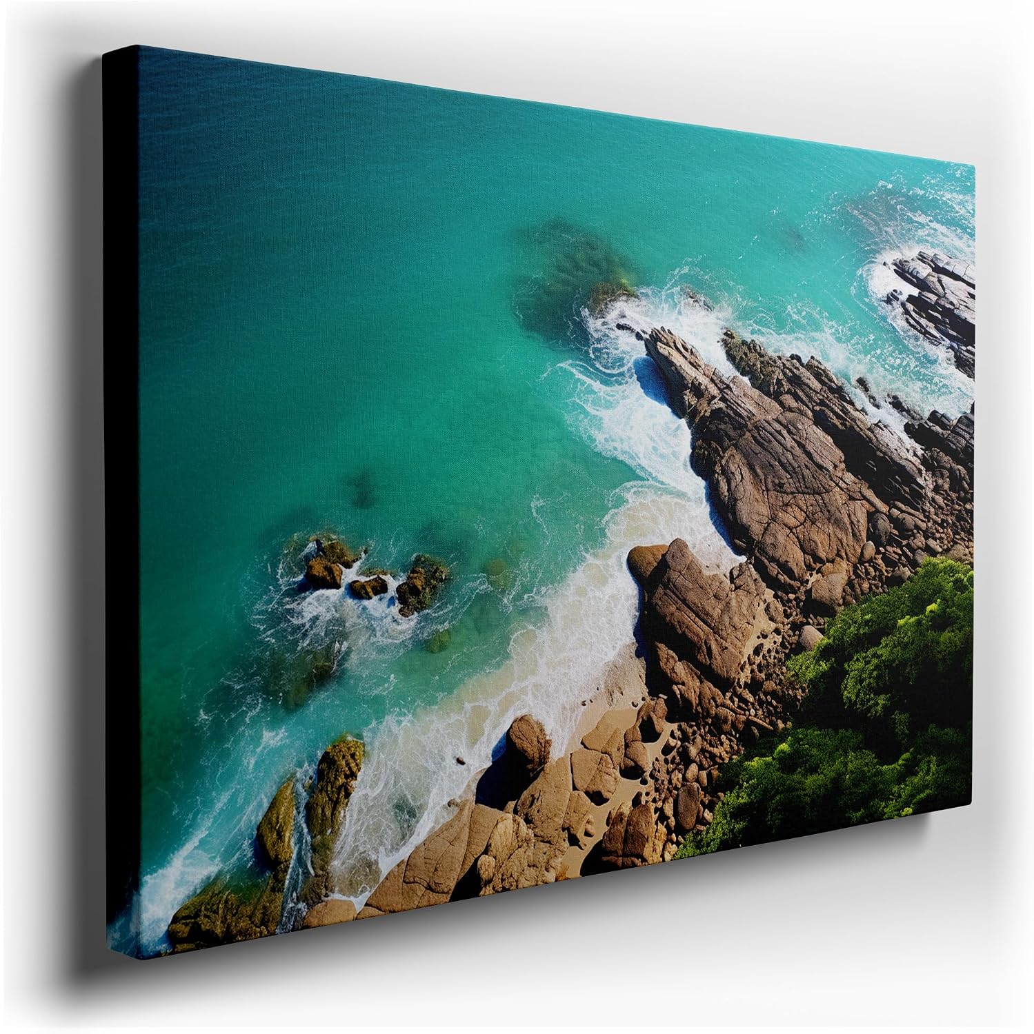 Canvas for Living room. Turquoise Waves and Rocky Shores: A Bird's Eye Panorama of Nature's Splendid Interface, 27 x 18 inch Canvas Wall Art - Ready to Hang - 69x46 cm (27x18 inch)