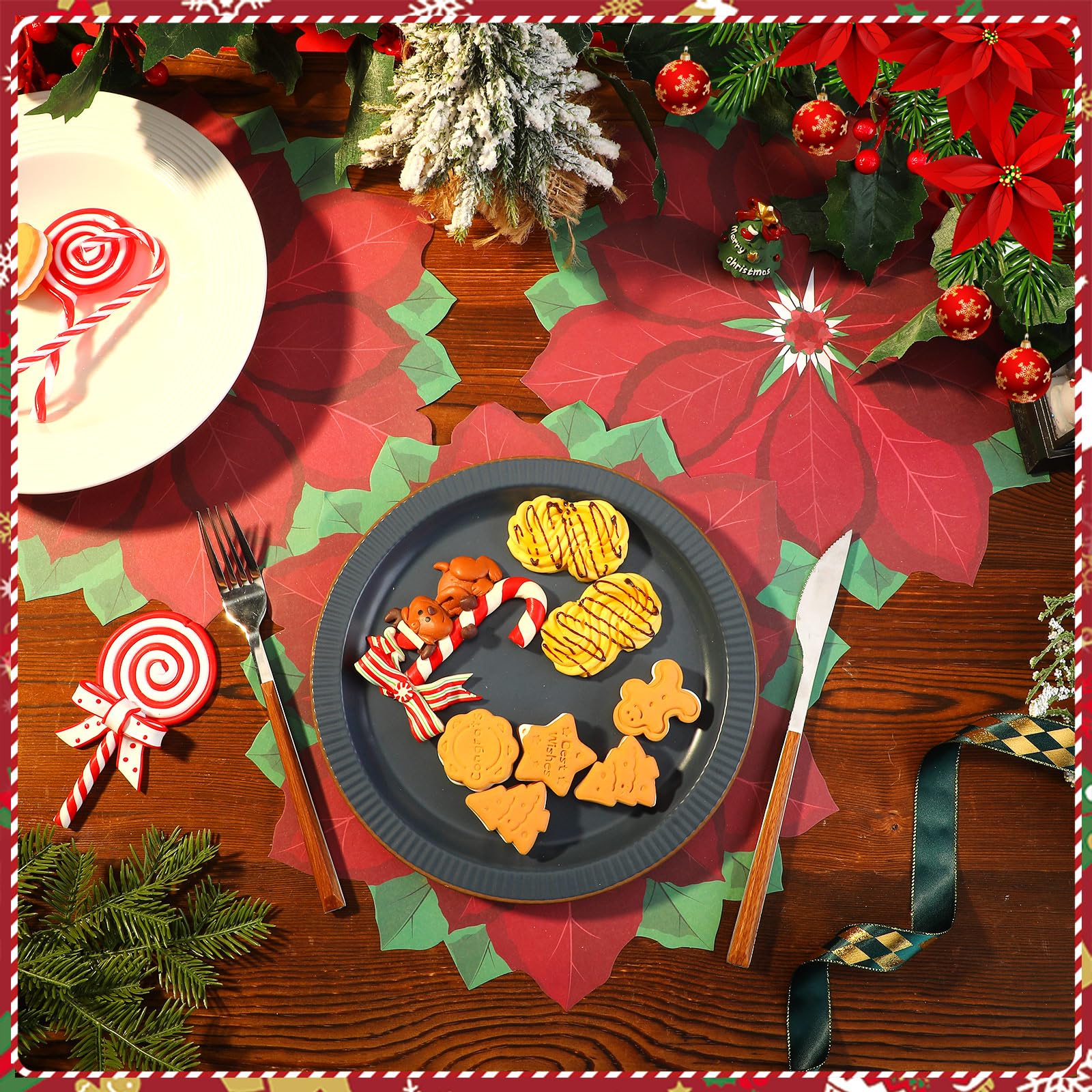 Sliner 100 manteles individuales de papel de Pascua de Navidad de 12.6 pulgadas, hojas de flor de Pascua rojas de Navidad, manteles individuales desechables para vacaciones, Navidad, cena
