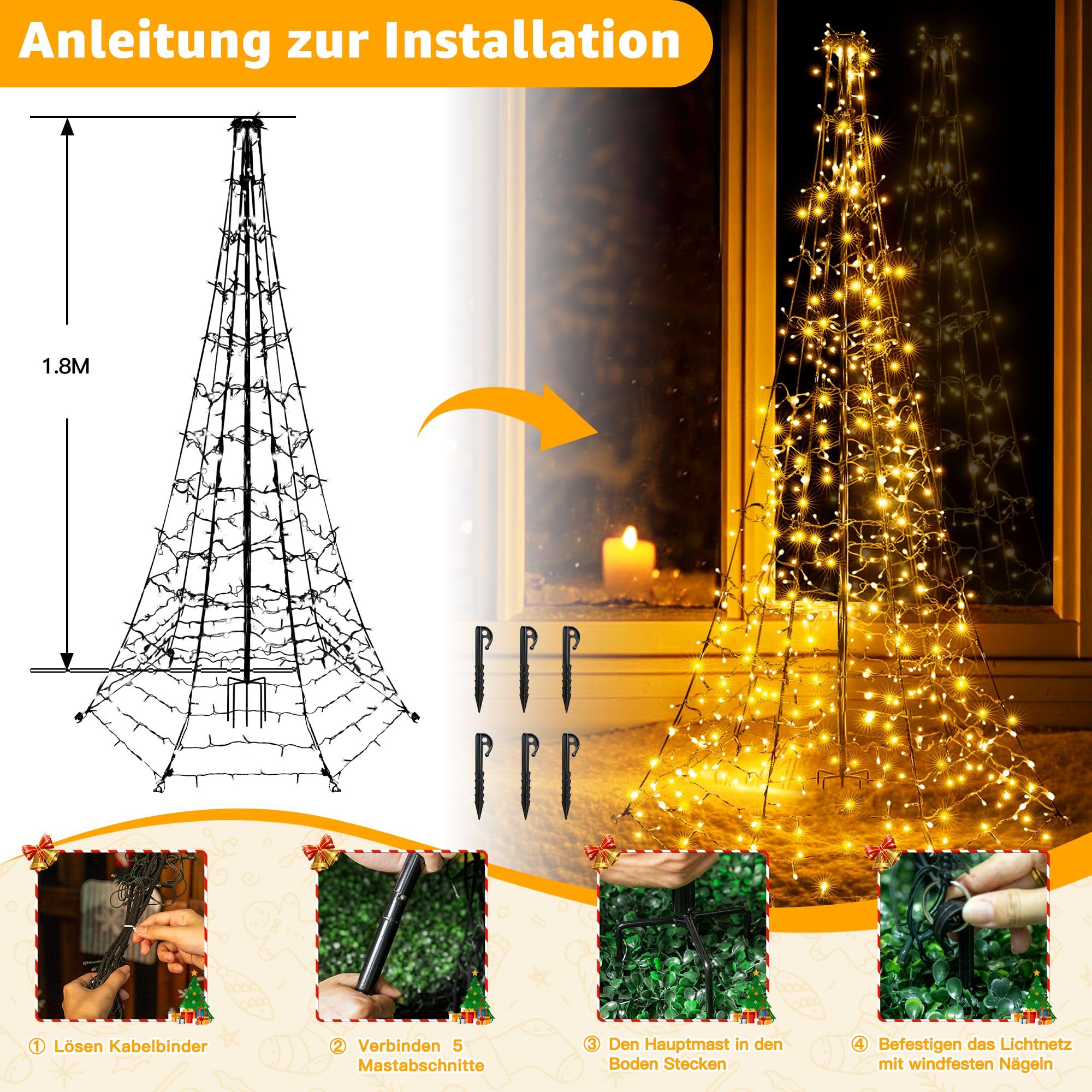 Ollny Weihnachtsbeleuchtung außen 202LEDs 180 cm Lichterkette Weihnachtsbaum, Timer dimmbar mit 8 Modi, IP44 Weihnachtsdeko mit Fernbedienung für Rasen Garten (Warmweiß)