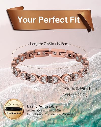 Miniatura 6 de Feraco Pulsera de cobre para mujer, forjada a mano, 99.99% de cobre puro sólido, pulseras magnéticas con imanes de neodimio profesionales (símbolo