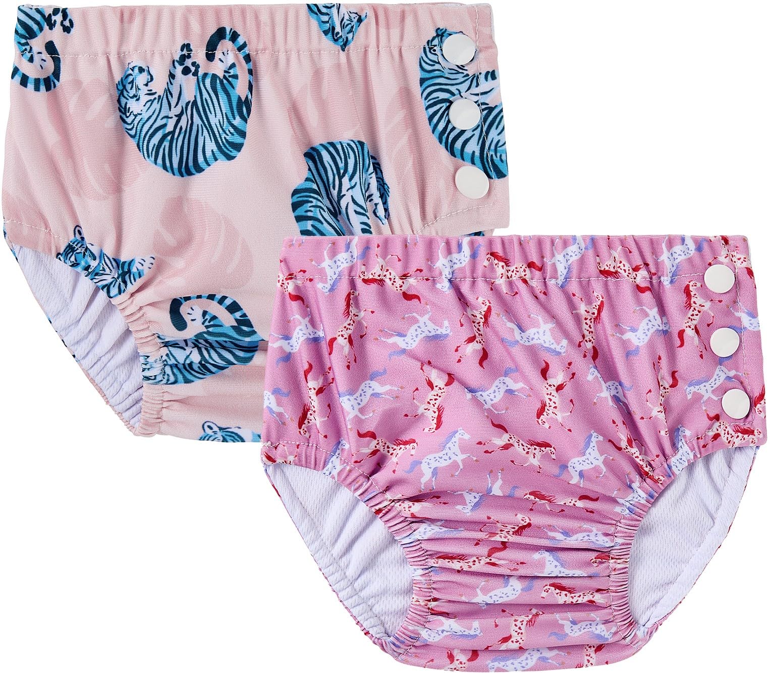 2 Pack Reusable Swim Nappies 6-12 Months, Easy Pull-on Baby Swim Diapers with Side Snaps, Waterproof Swimming Pants for Lessons Holiday, Pony & Tiger