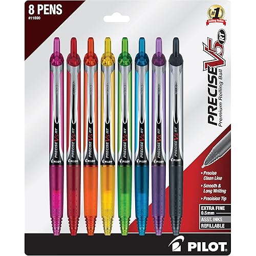 Pilot Precise V5 RT Extra-Fine Premium Retractable Rolling Ball Pens, 0.5mm, Assorted Colors, 8 Count (11890)