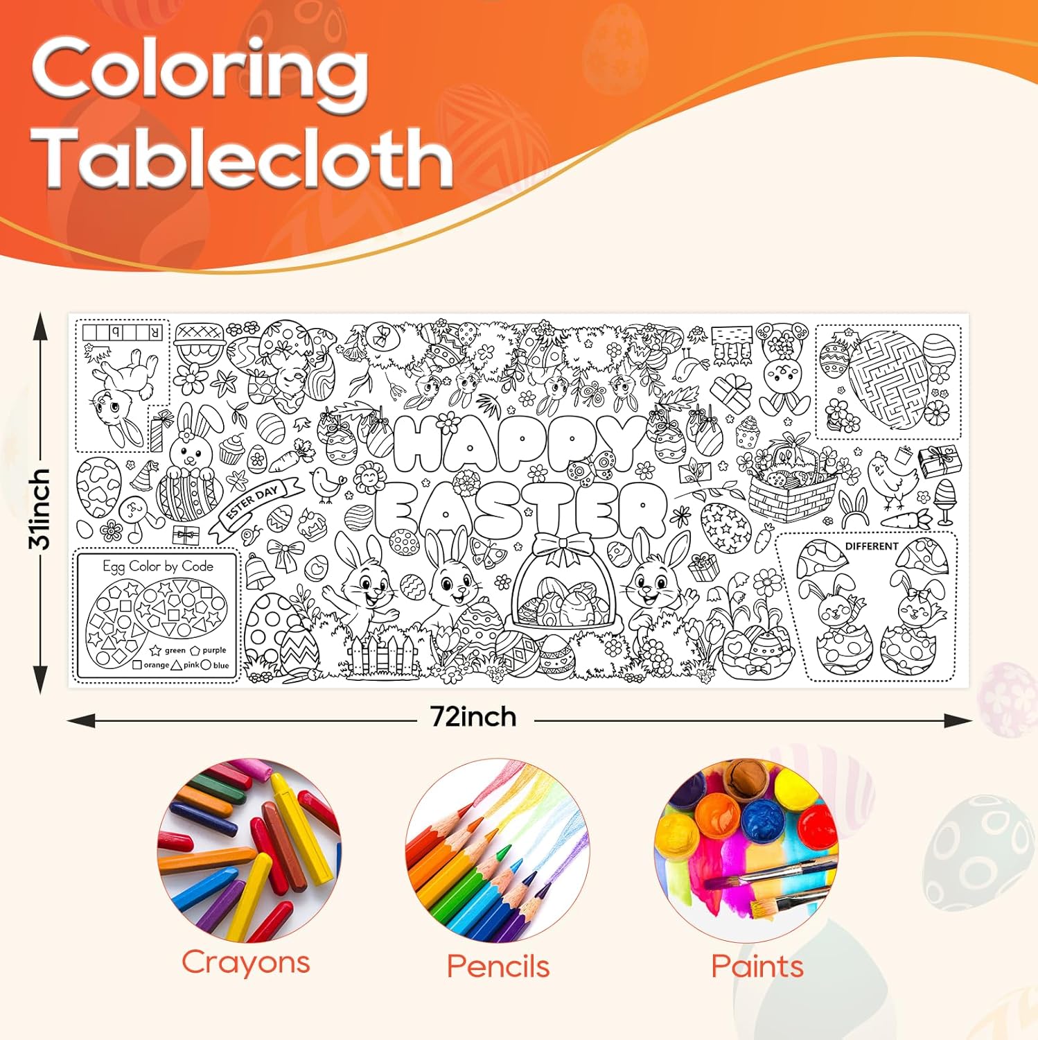 Kids Coloring Tablecloth, Easter Bunny Egg Chick Theme Paper Coloring Poster, 31 x 72 Inch Spring Holiday Coloring Activity Party Table Cover
