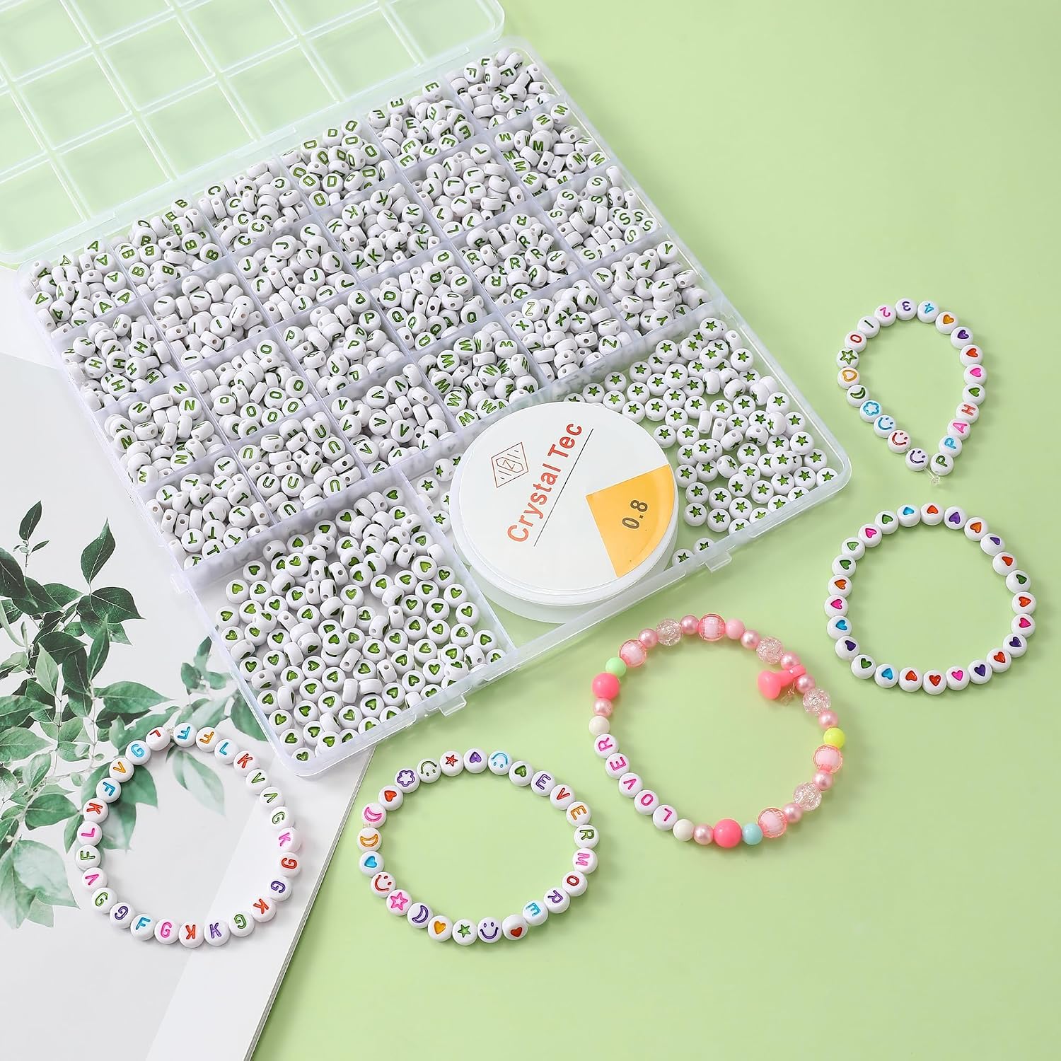 1250pcs 4x7mm White Round Acrylic Alphabet Beads A-Z Heart Beads with Numbers Crystal Line for Jewelry Bracelet, Necklace and Key Chains (Green White Color) image 3