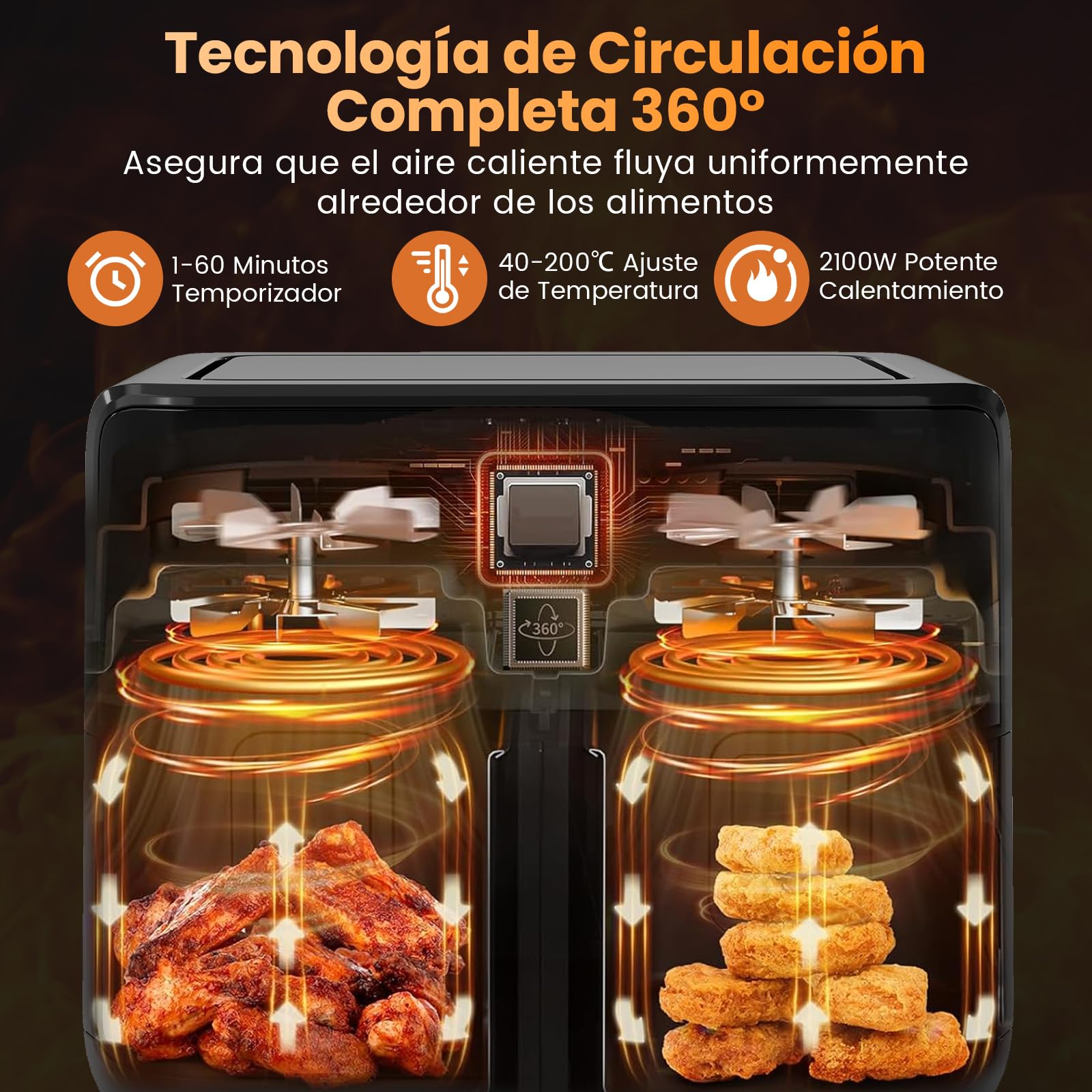 COSTWAY Freidora Aire 8L, XXL, 10 en 1 Air Fryer con Doble Cesta, Pantalla Táctil Digital y Aire Caliente de 360°, 2100W, 6-9 Personas, Apto para Lavavajillas