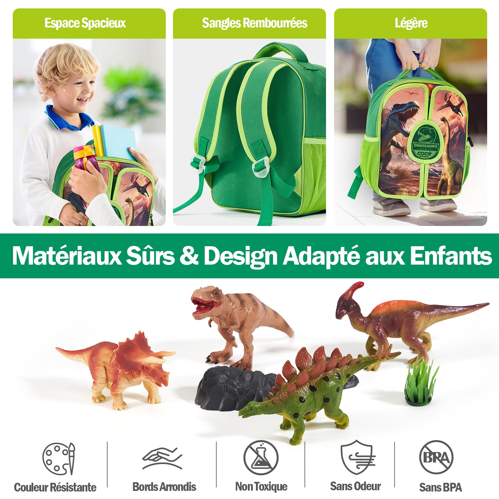 COCO&Friends Dinosaures Jouet pour Enfants 3 - 7 Ans, Sac à Dos Portable avec Tapis de Jeu 3D Pliant, Cadeau pour Enfants Garçons Filles